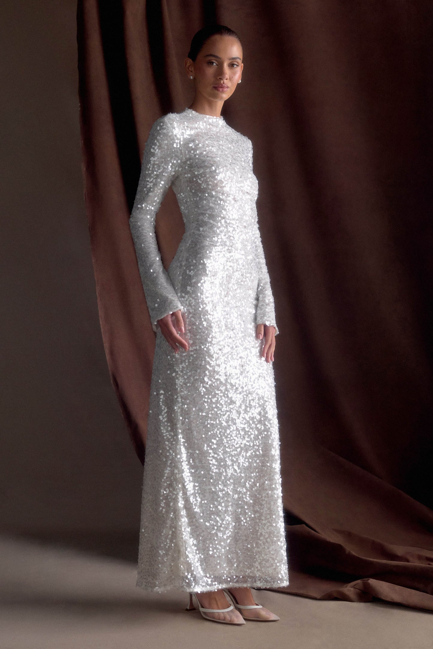 Robe Maxi Sofia à Manches Longues et Paillettes - Blanche