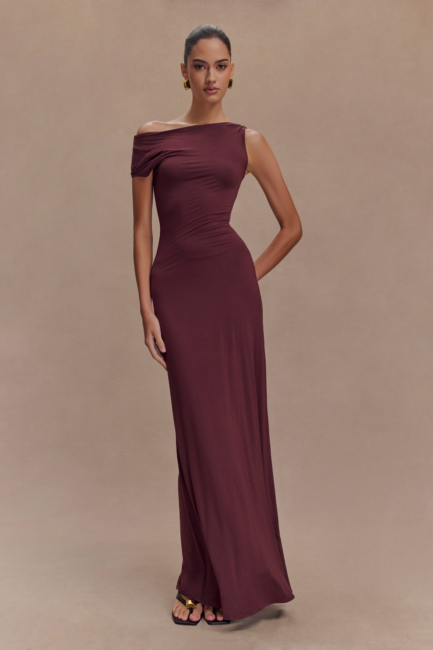 Robe Maxi Tamsin en Modal à Manches Courtes - Brun-Rouge