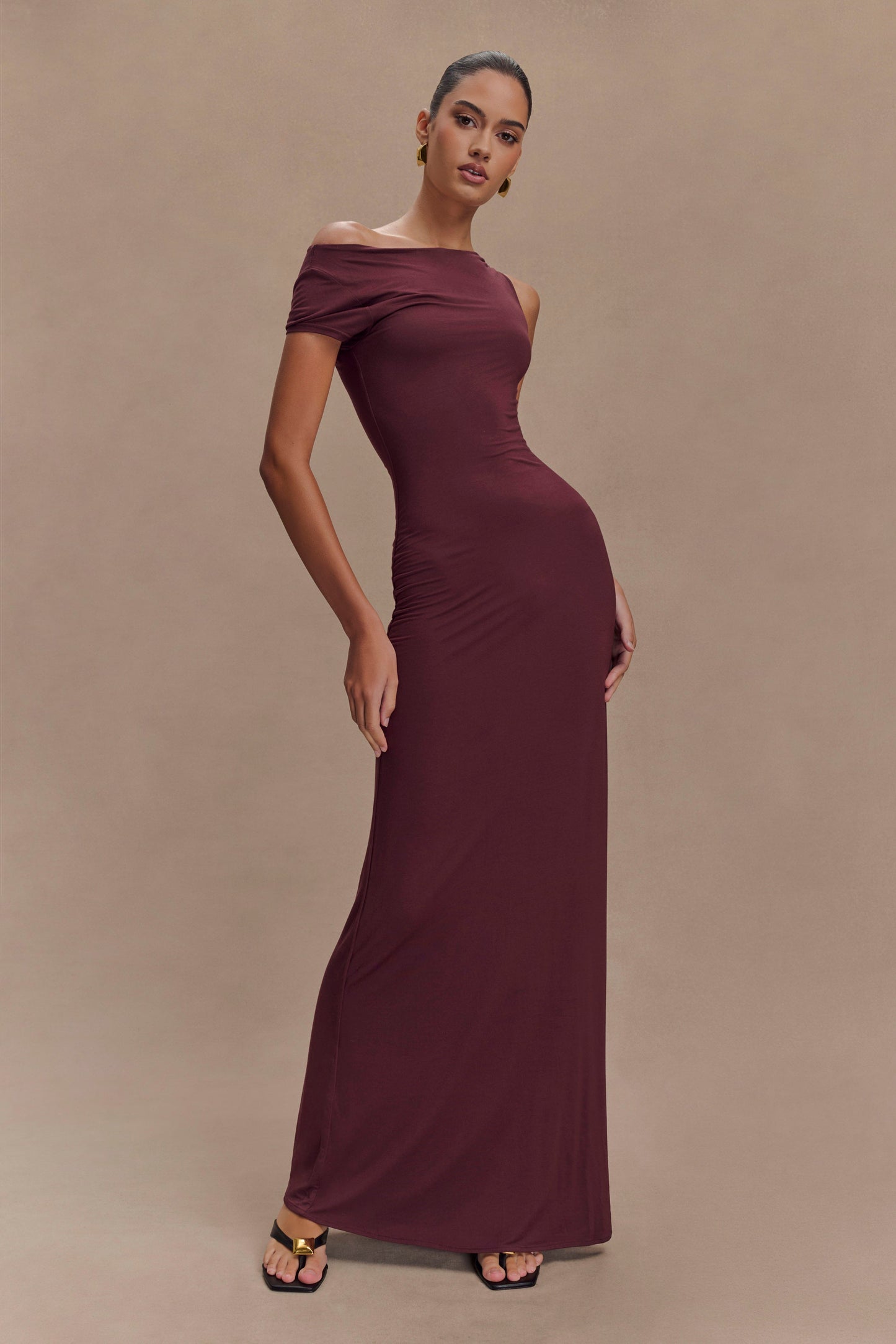 Robe Maxi Tamsin en Modal à Manches Courtes - Brun-Rouge