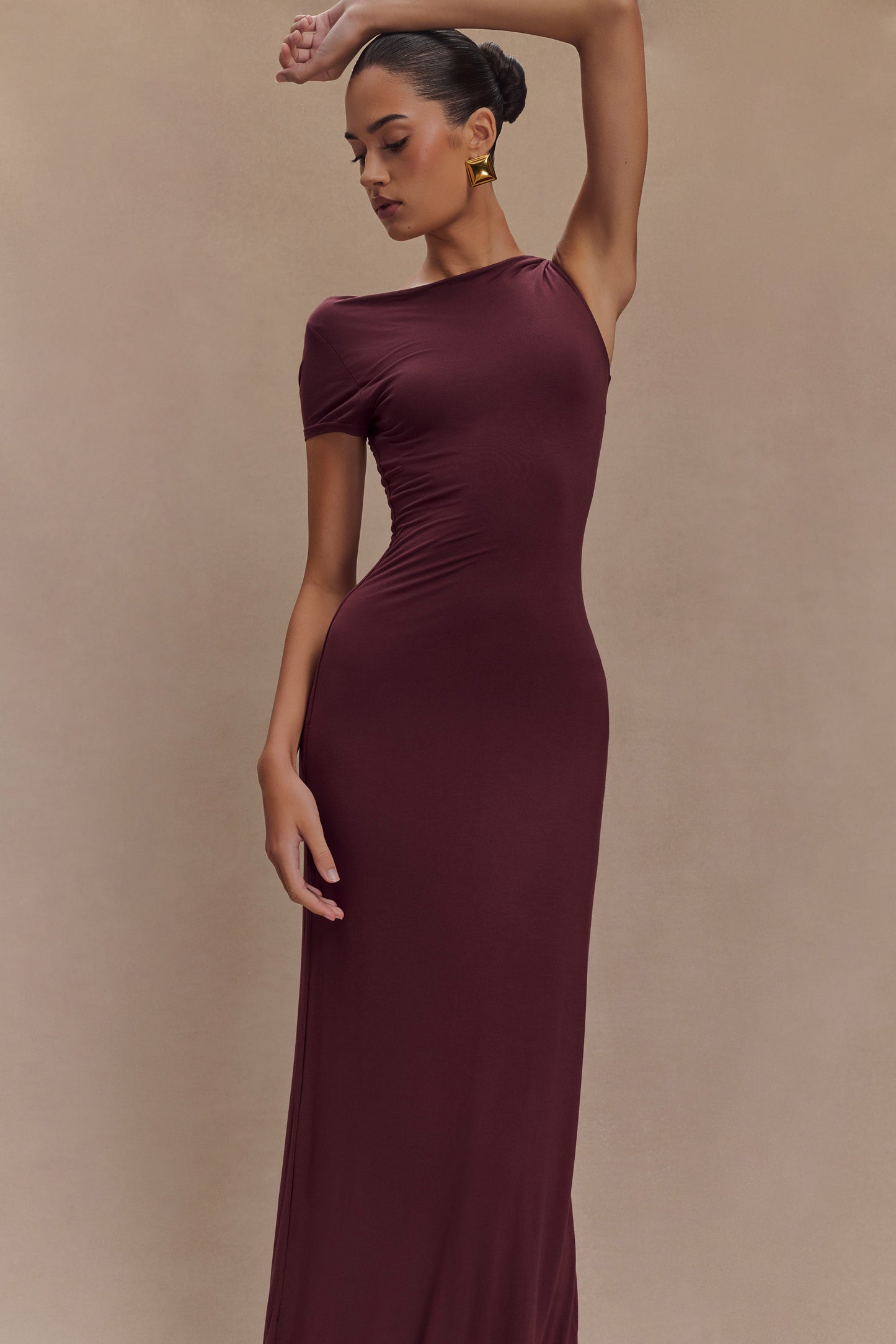 Robe Maxi Tamsin en Modal à Manches Courtes - Brun-Rouge