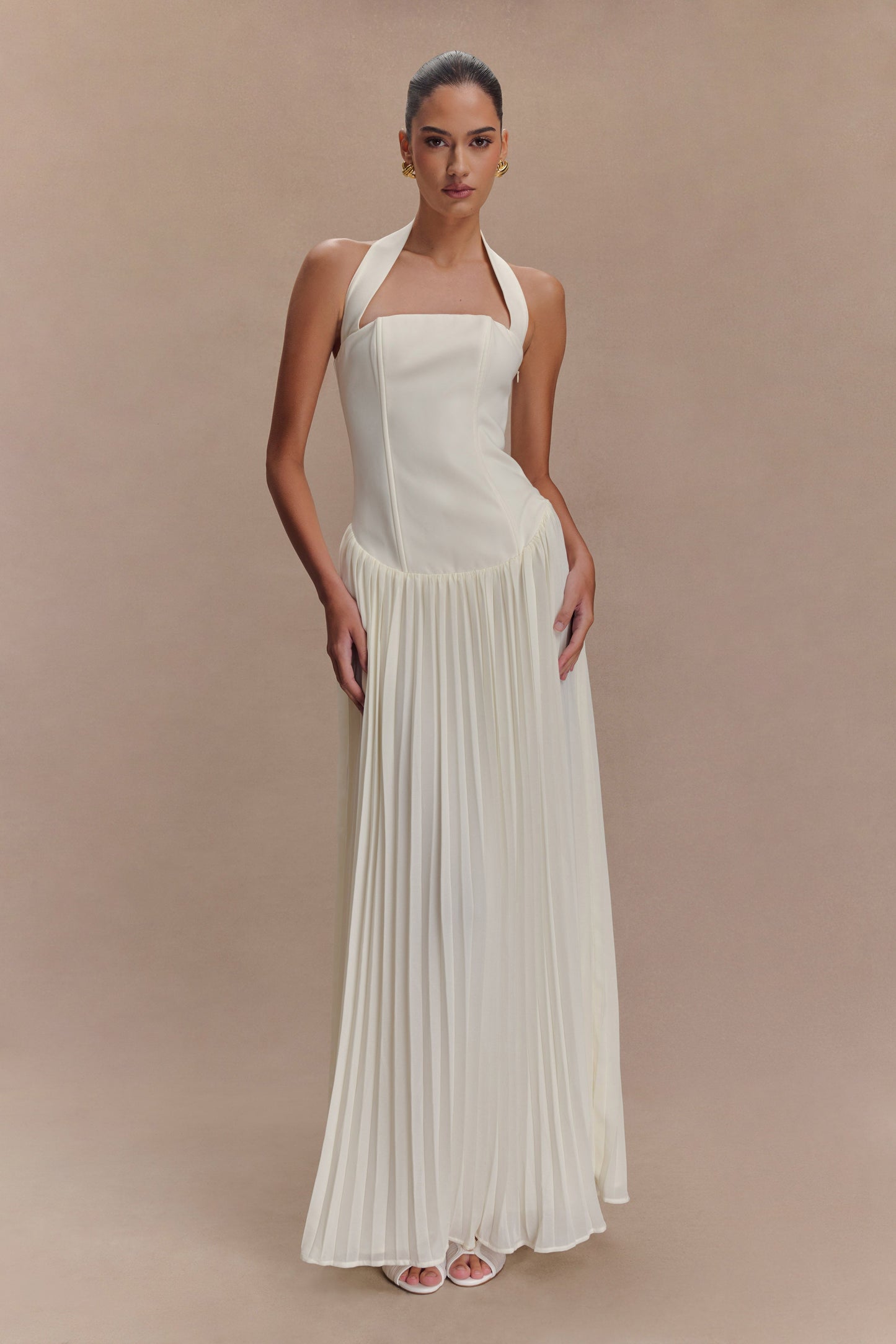 Robe Maxi Stacie à Plis et Emmanchures Croisées - Ivoire