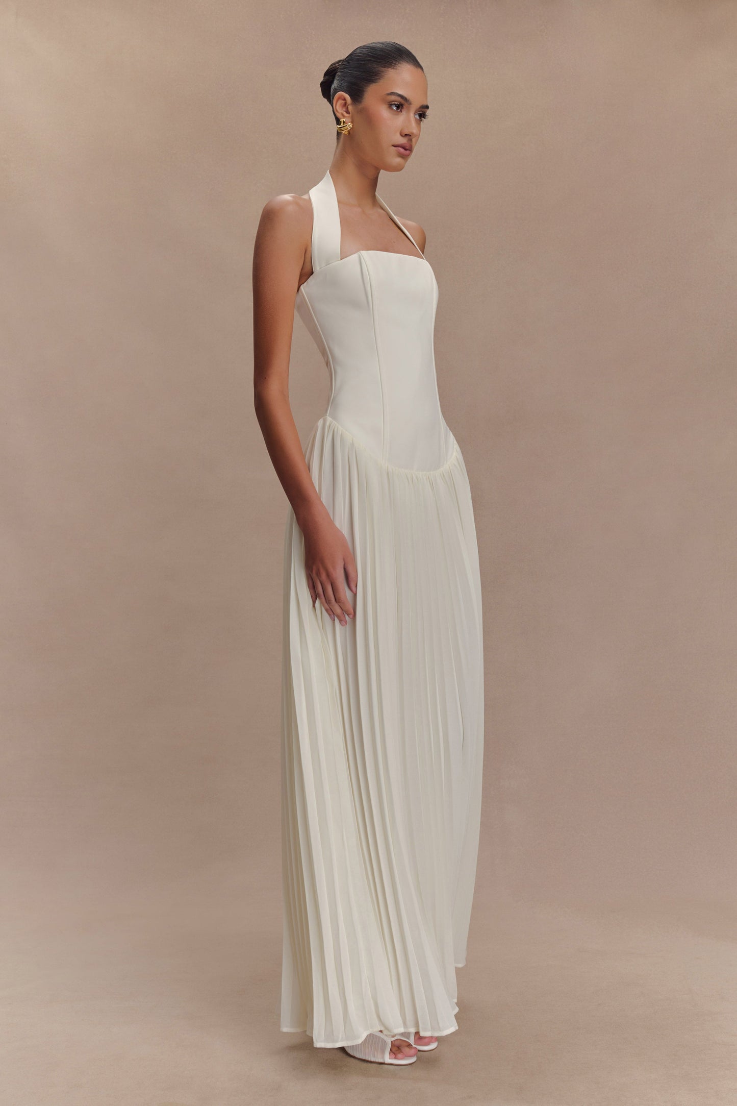 Robe Maxi Stacie à Plis et Emmanchures Croisées - Ivoire