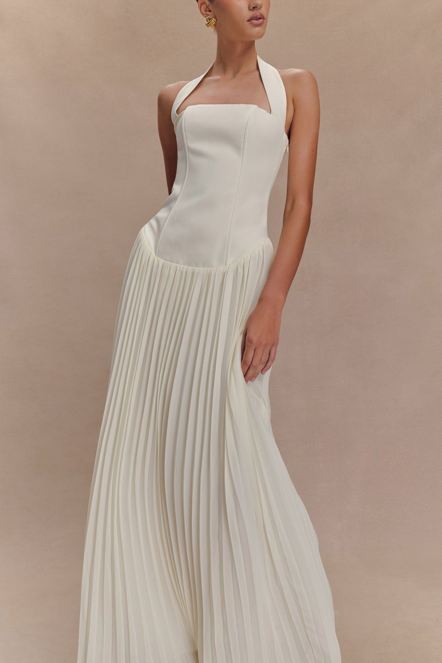 Robe Maxi Stacie à Plis et Emmanchures Croisées - Ivoire