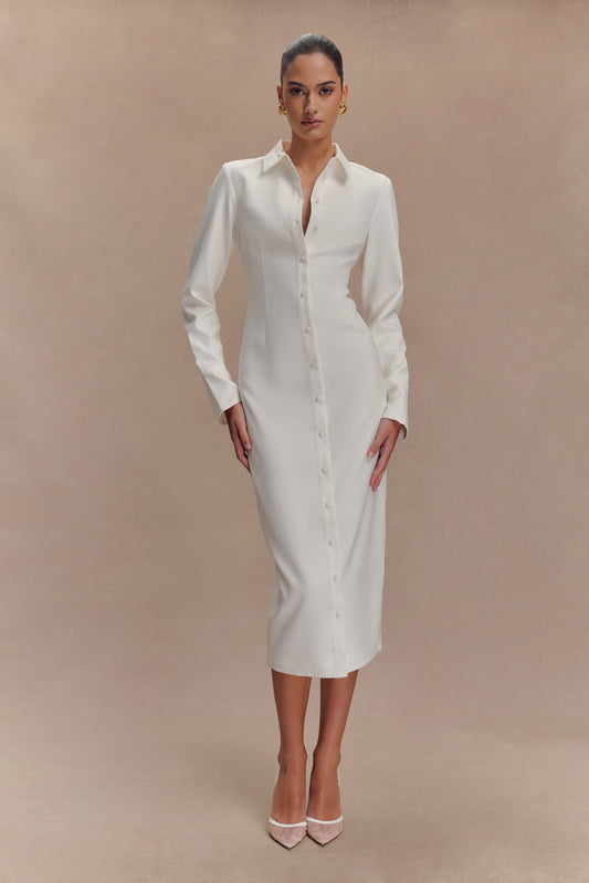 Robe midi Dorian à manches courtes et taille ajustée - Blanc