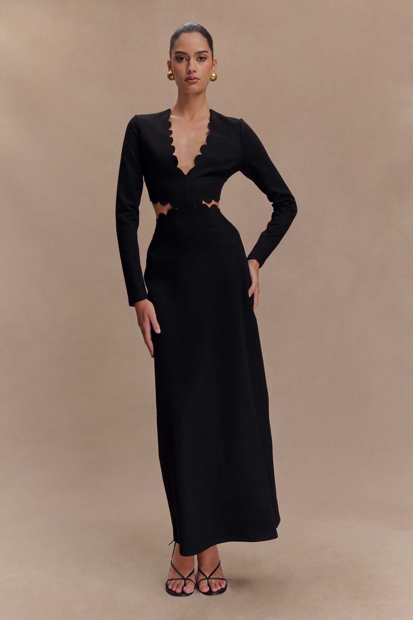 Robe Maxi à Manches Frangées et Décolleté en V - Noir