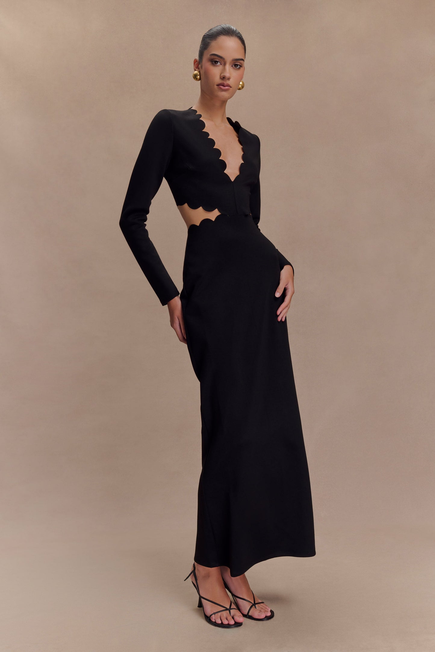 Robe Maxi à Manches Frangées et Décolleté en V - Noir