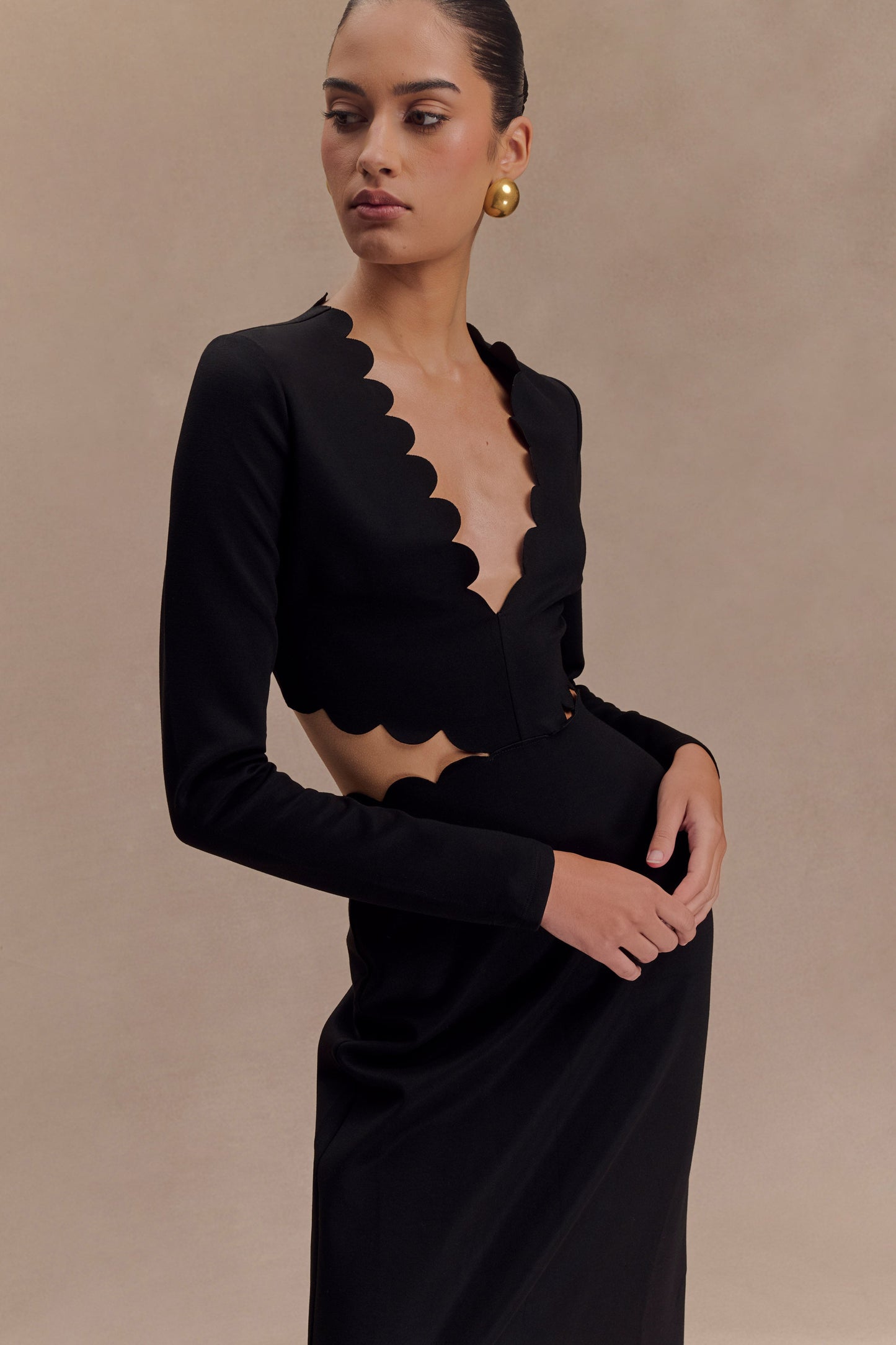 Robe Maxi à Manches Frangées et Décolleté en V - Noir
