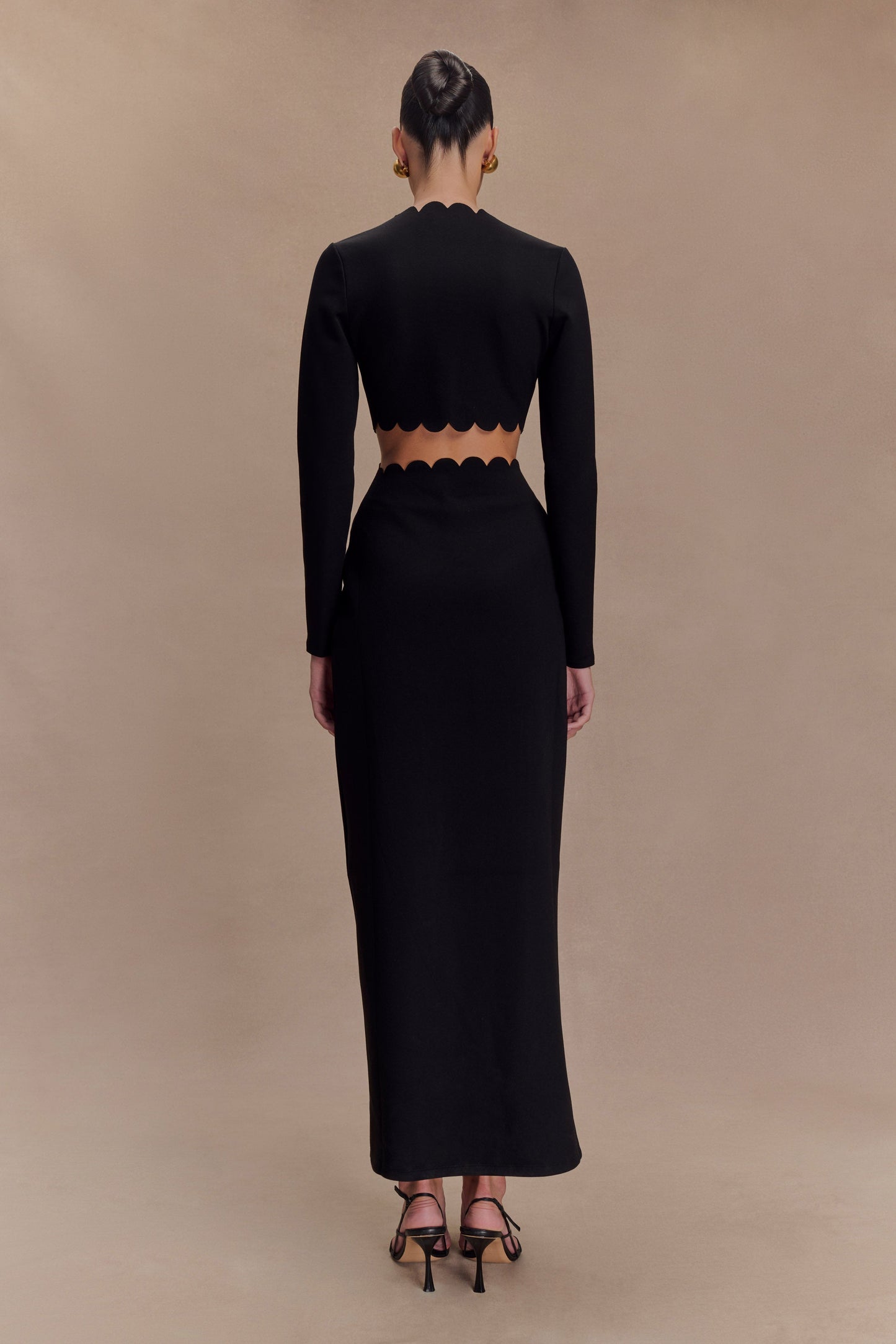 Robe Maxi à Manches Frangées et Décolleté en V - Noir