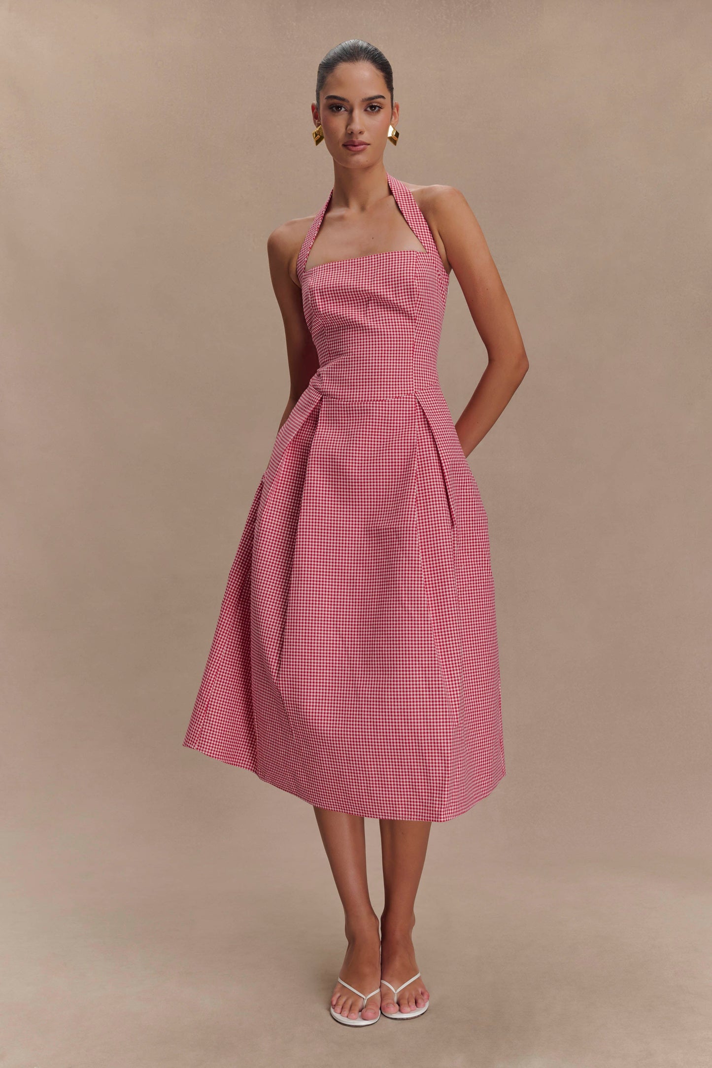 Juana, robe midi à col montant - carreaux rouges