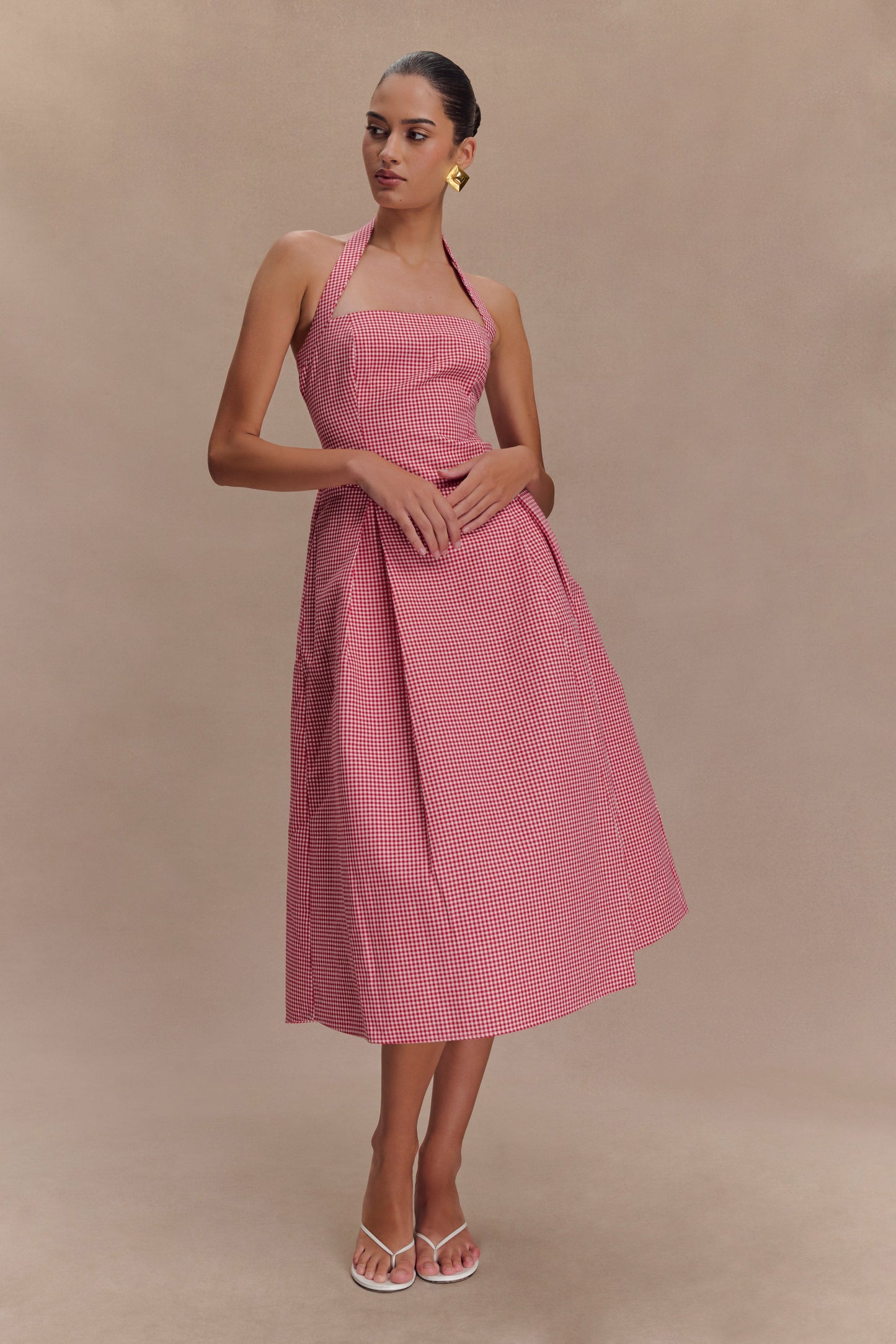 Juana, robe midi à col montant - carreaux rouges