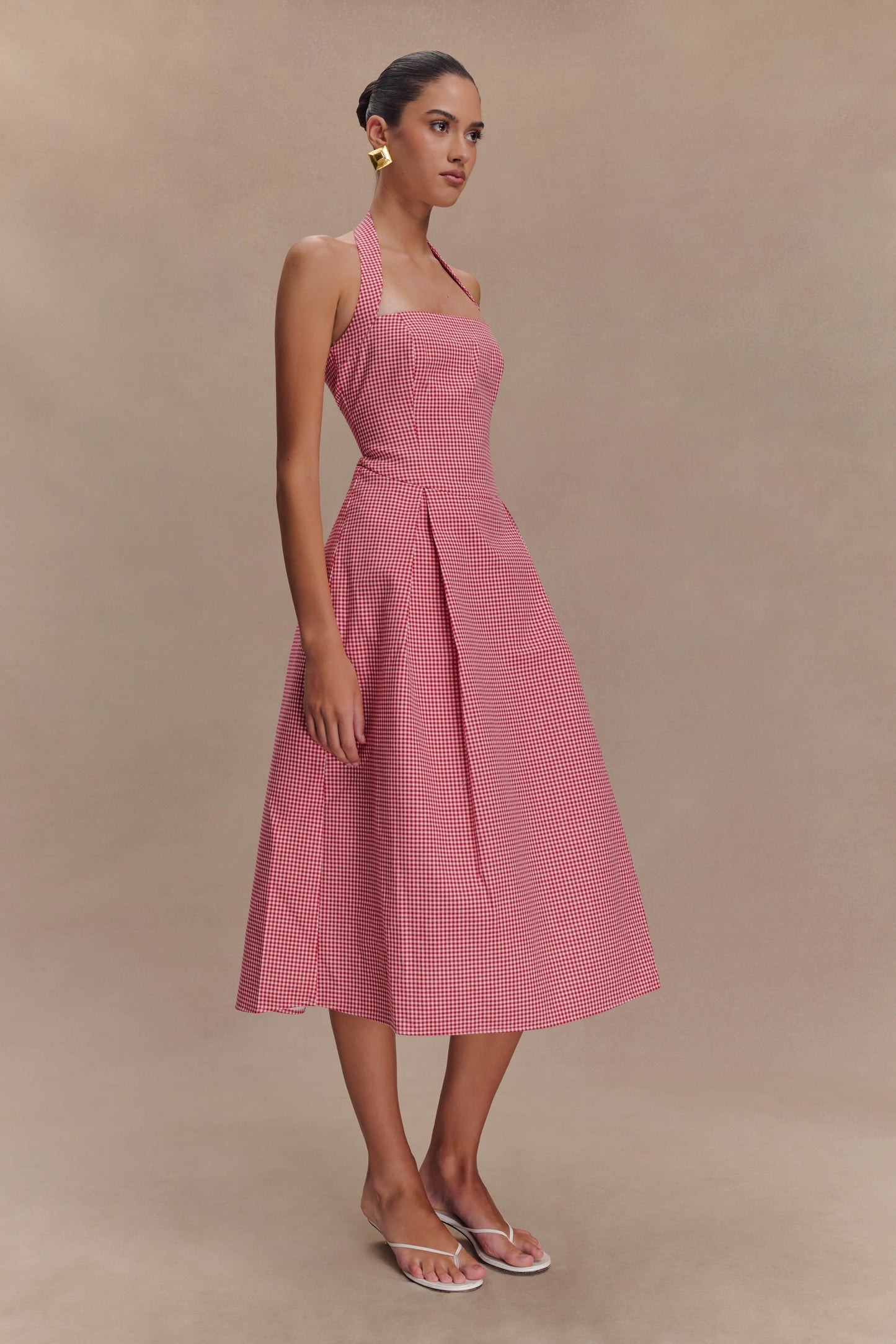 Juana, robe midi à col montant - carreaux rouges