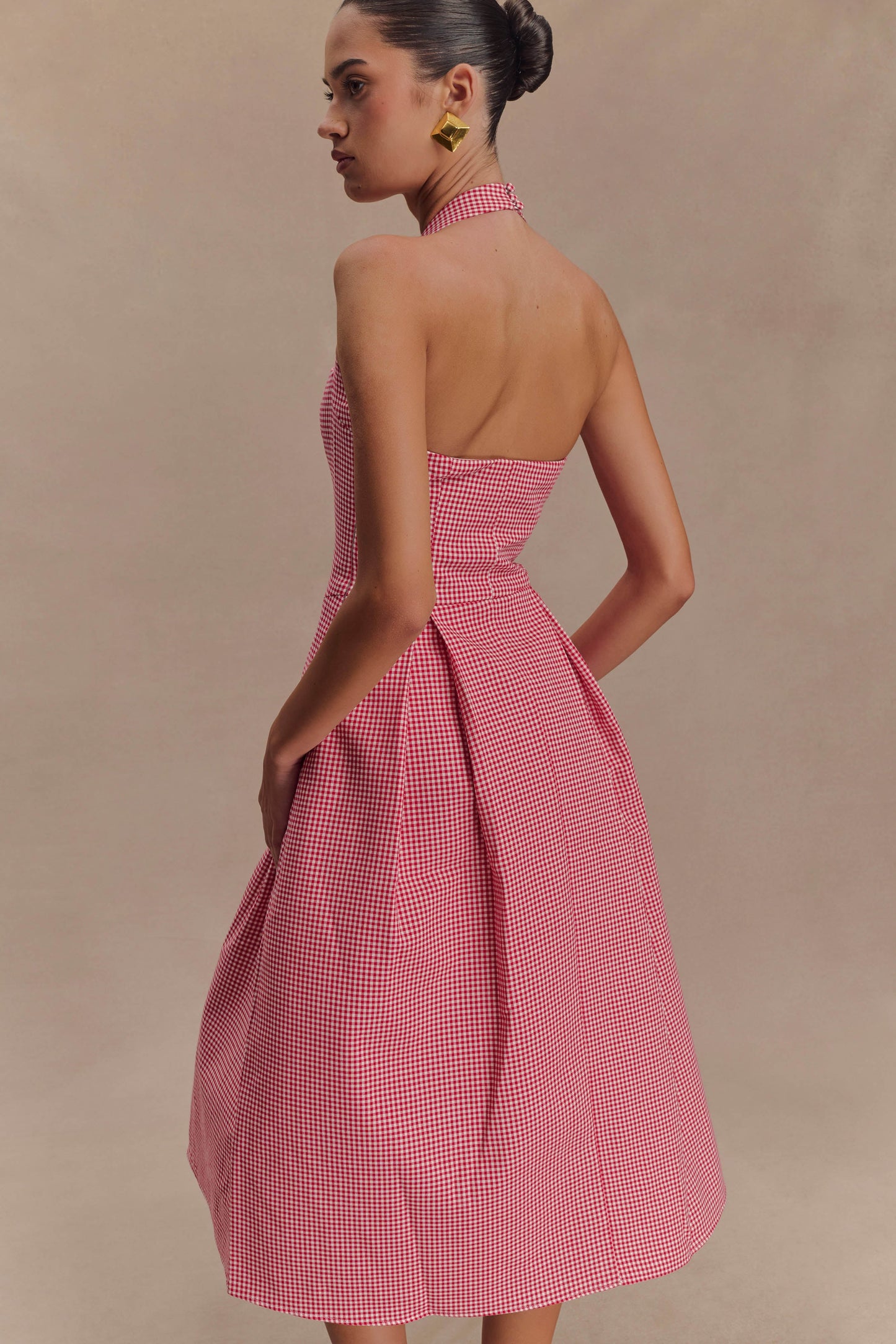 Juana, robe midi à col montant - carreaux rouges