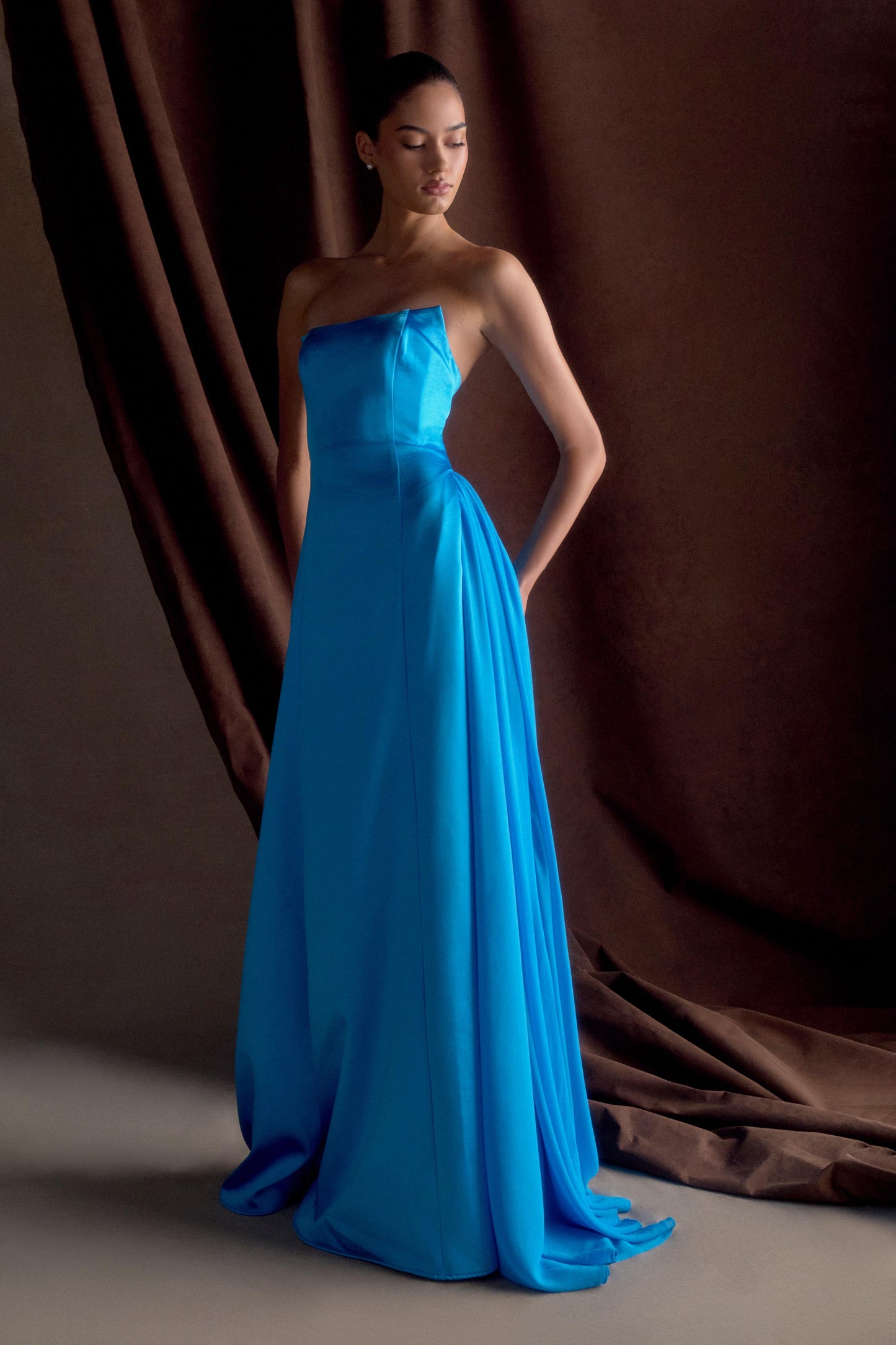 Robe Maxi Satin Sans Bretelles Rosella - Bleu Cyan