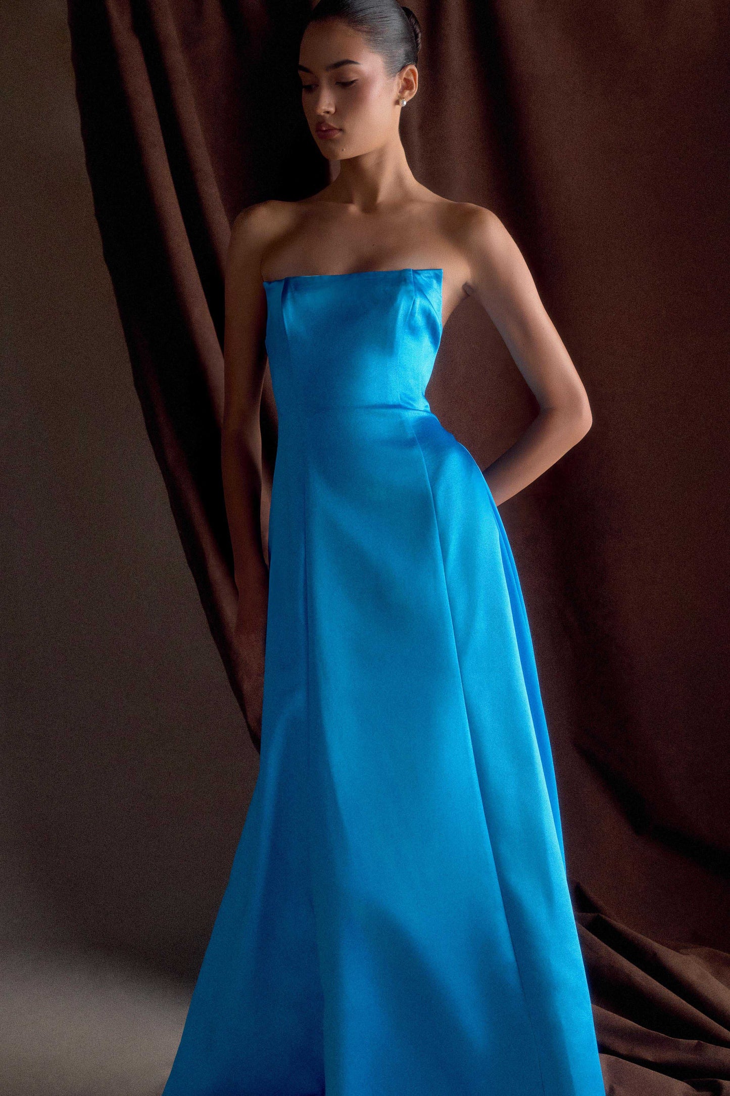 Robe Maxi Satin Sans Bretelles Rosella - Bleu Cyan