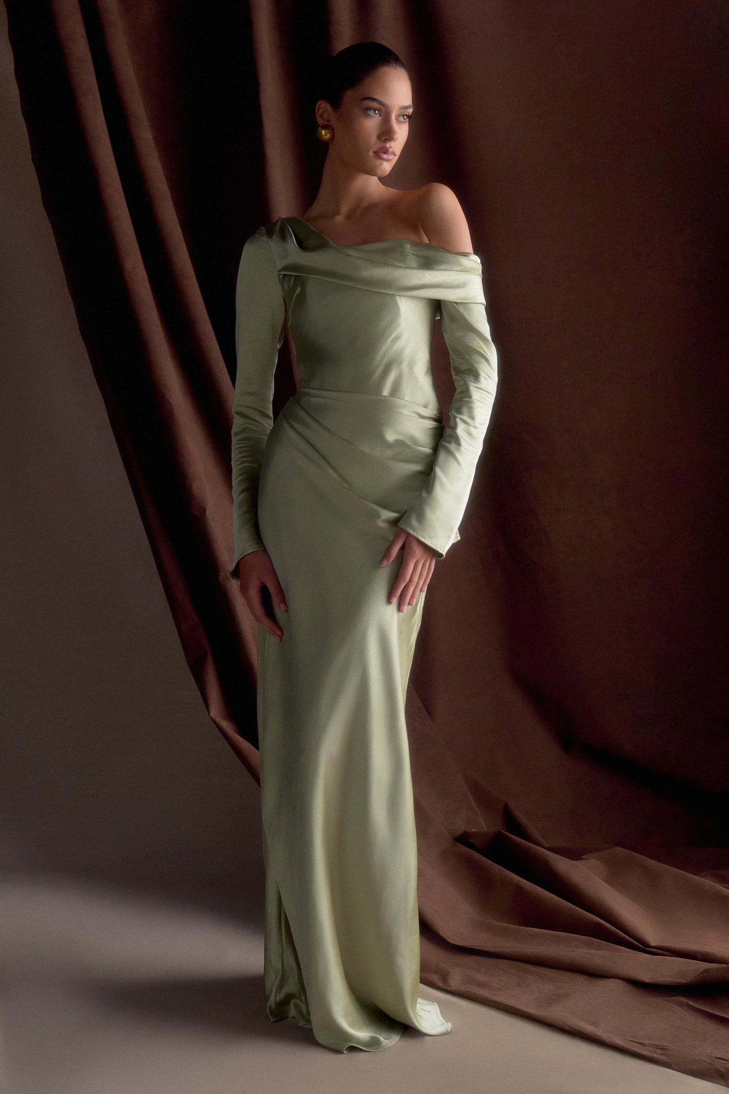 Iris Robe Maxi Satin à Manches Longues - Sauge