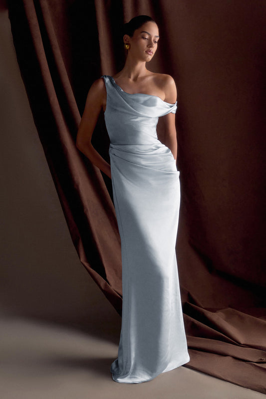 Robe Maxi en Satin Dalia à Manches Décolletées - Bleu Glacé
