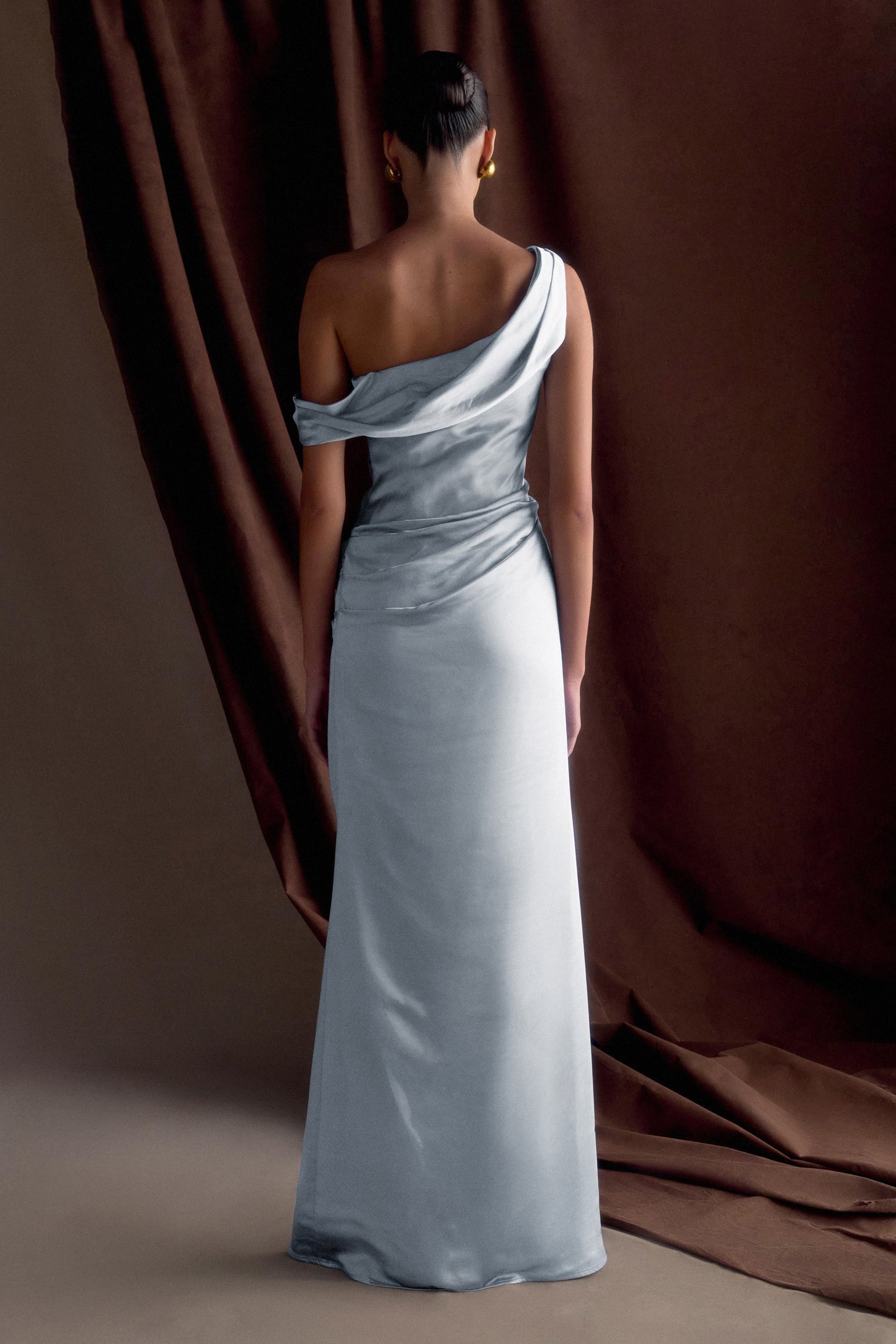 Robe Maxi en Satin Dalia à Manches Décolletées - Bleu Glacé