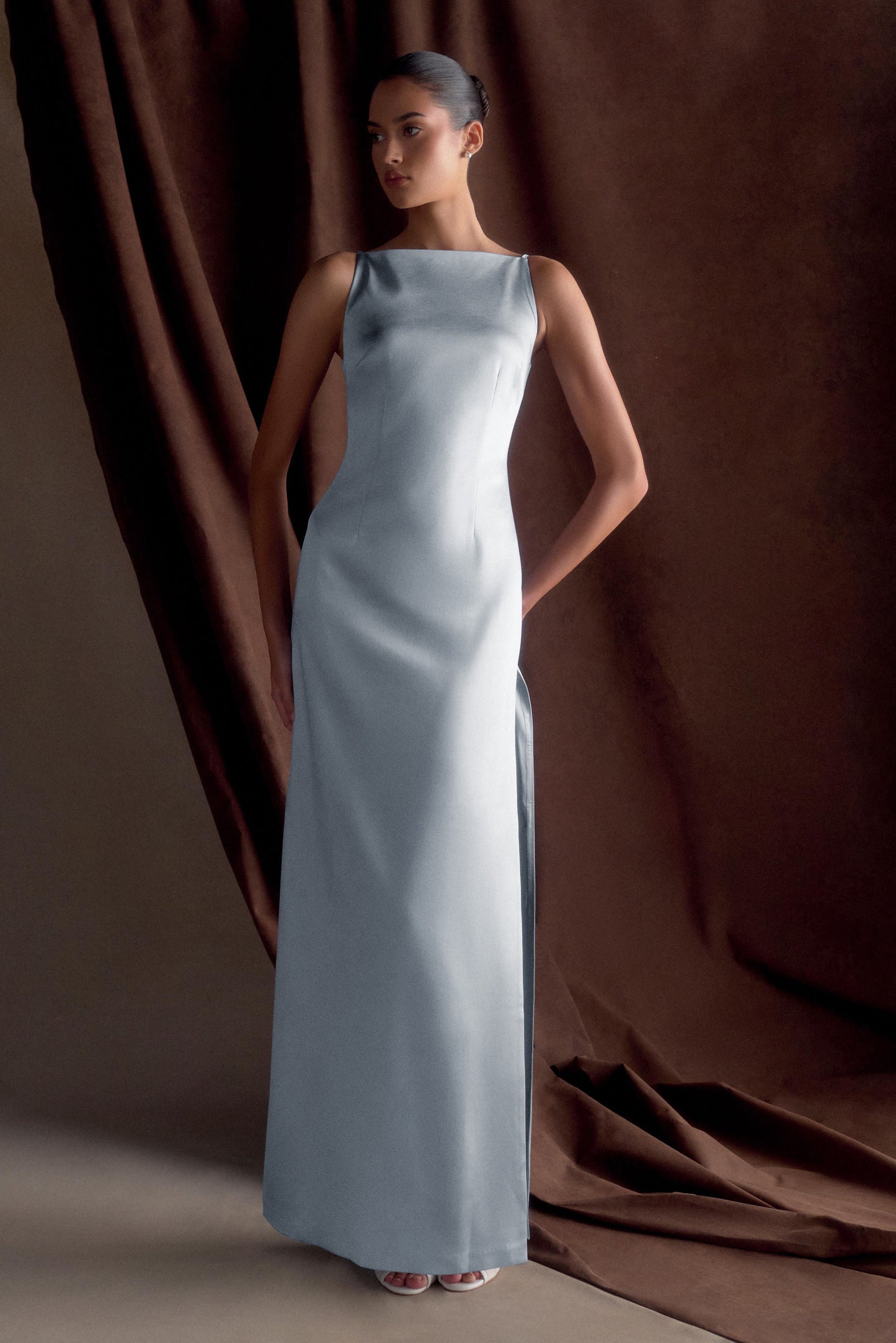 Robe Maxi en Satin Violet Sans Manches - Bleu Glacé