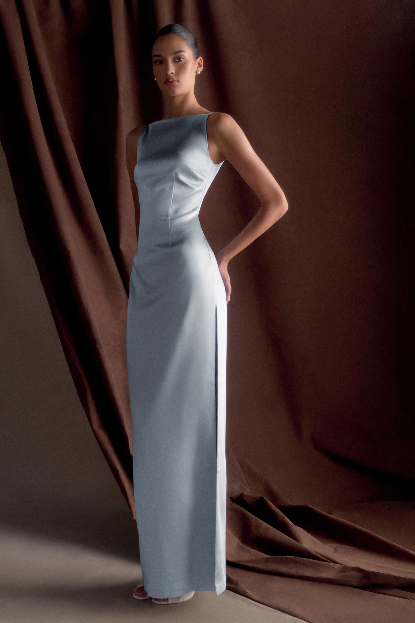 Robe Maxi en Satin Violet Sans Manches - Bleu Glacé