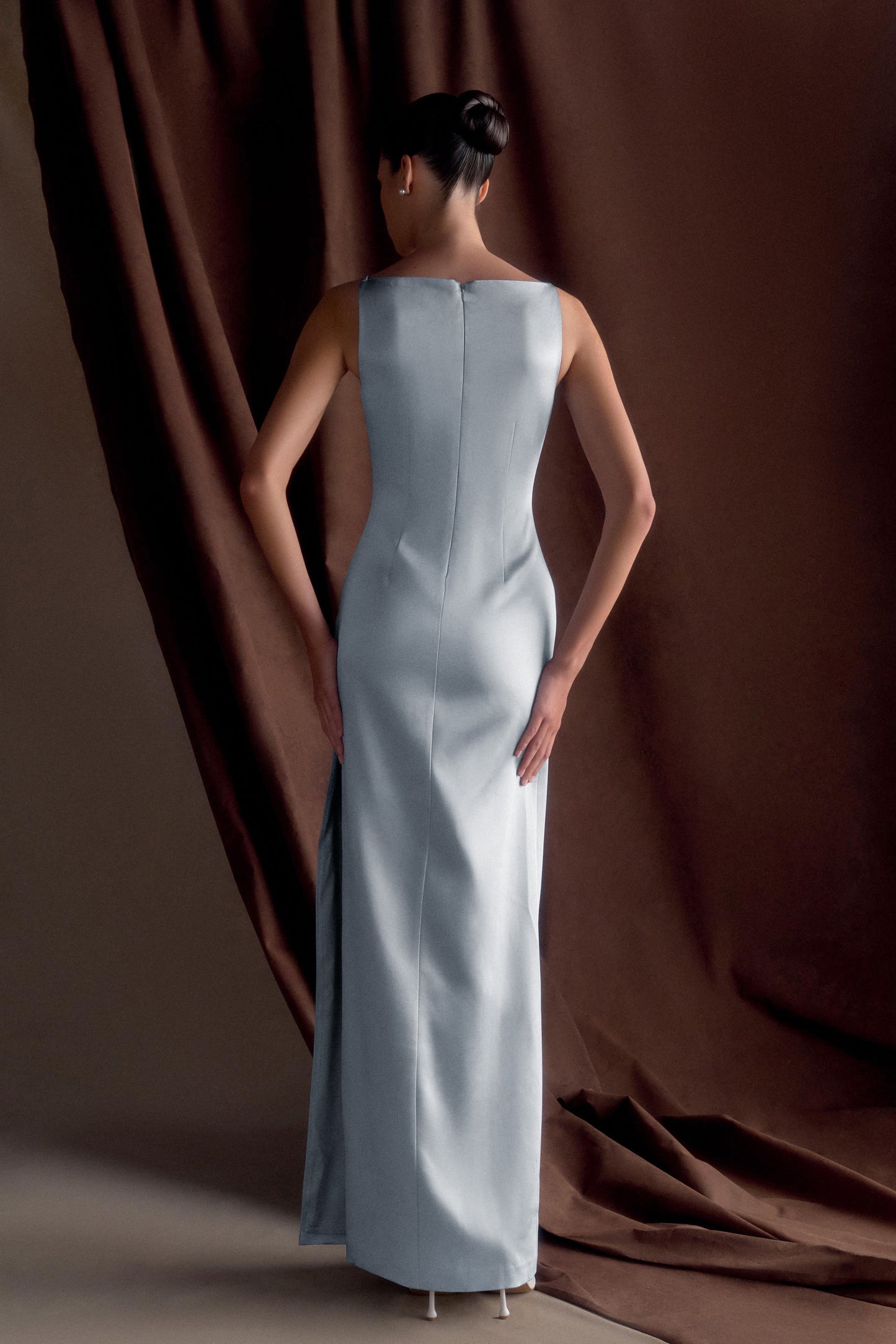 Robe Maxi en Satin Violet Sans Manches - Bleu Glacé