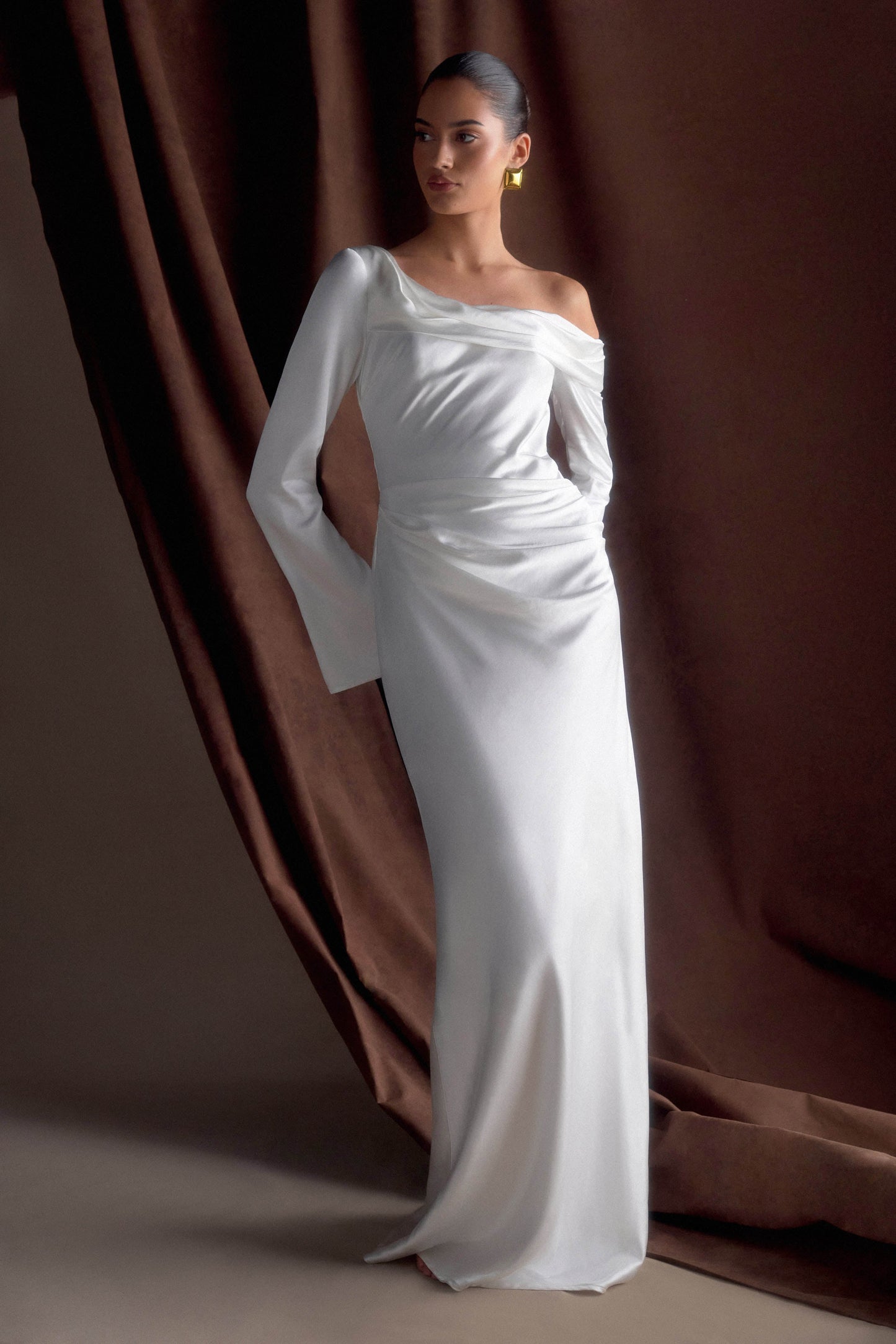 Robe Maxi Iris en Satin à Manches Longues - Blanche