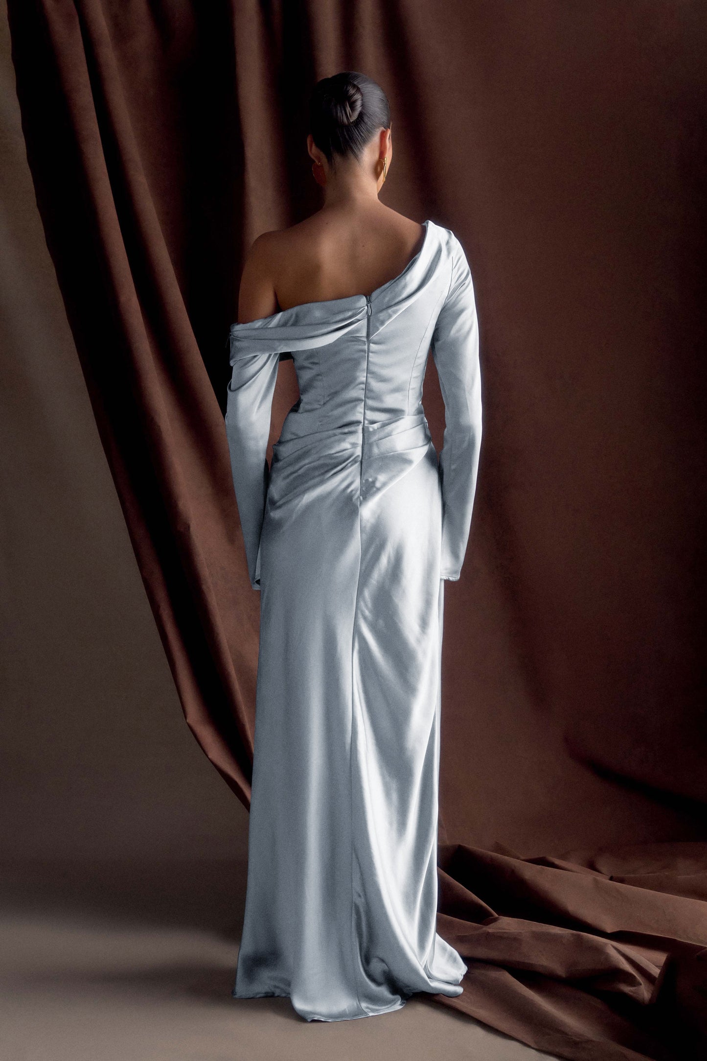 Iris Robe Maxi Satin à Manches Longues - Bleu Glacé