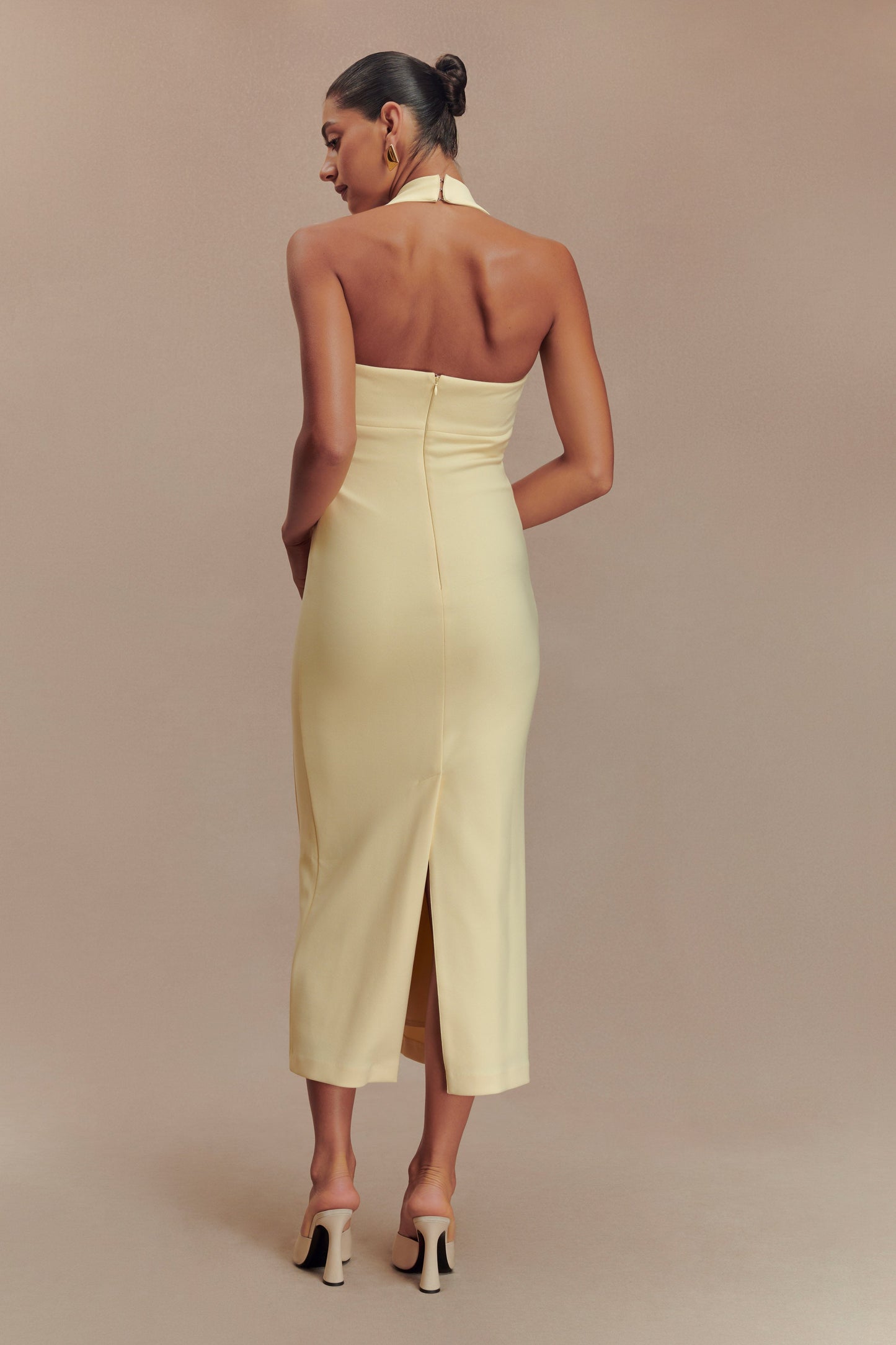 Amelita Robe Midi Croisée à Manches Bouffantes - Jaune Pale
