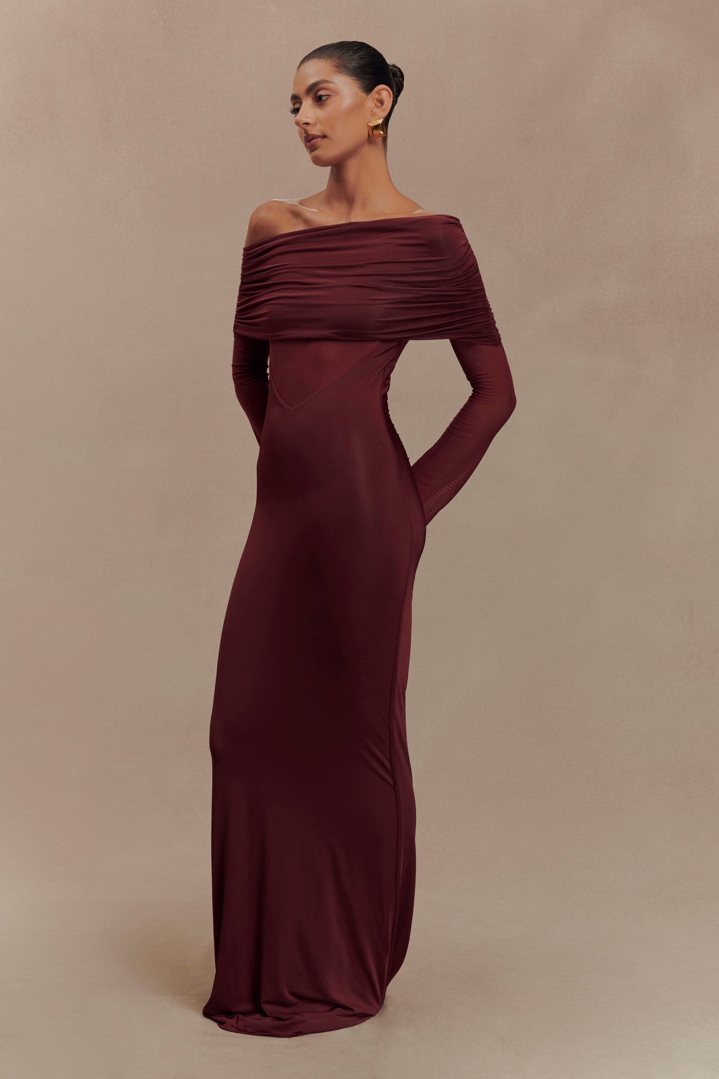 Robe Maxi Épaule Découverte en Mousseline et Maille - Kaitlin - Bourgogne