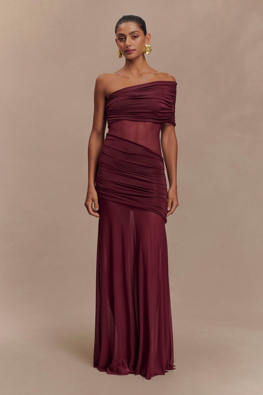 Robe Maxi en Maille à Épaule Découverte Dallas - Bourgogne