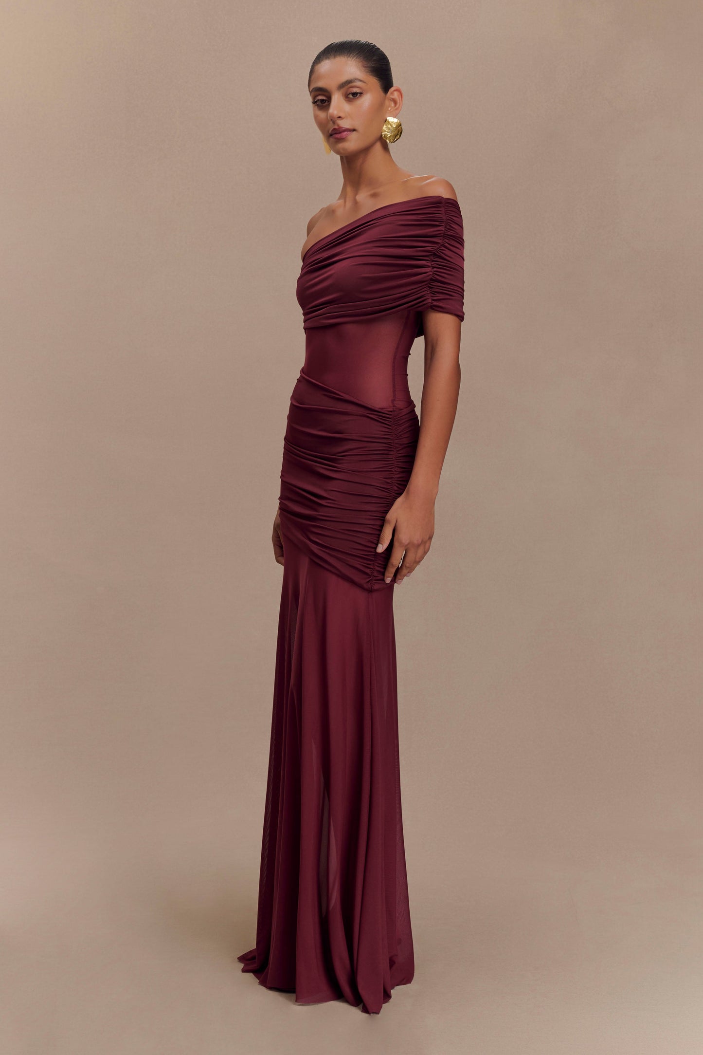 Robe Maxi en Maille à Épaule Découverte Dallas - Bourgogne