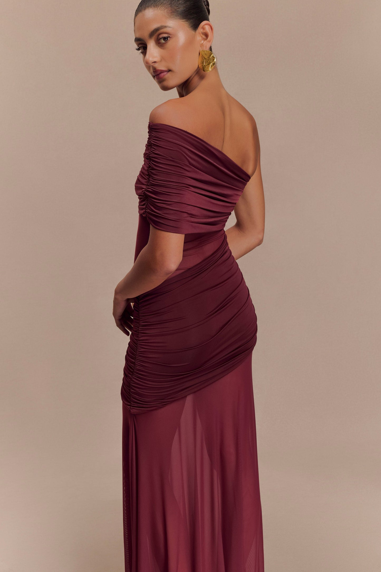 Robe Maxi en Maille à Épaule Découverte Dallas - Bourgogne