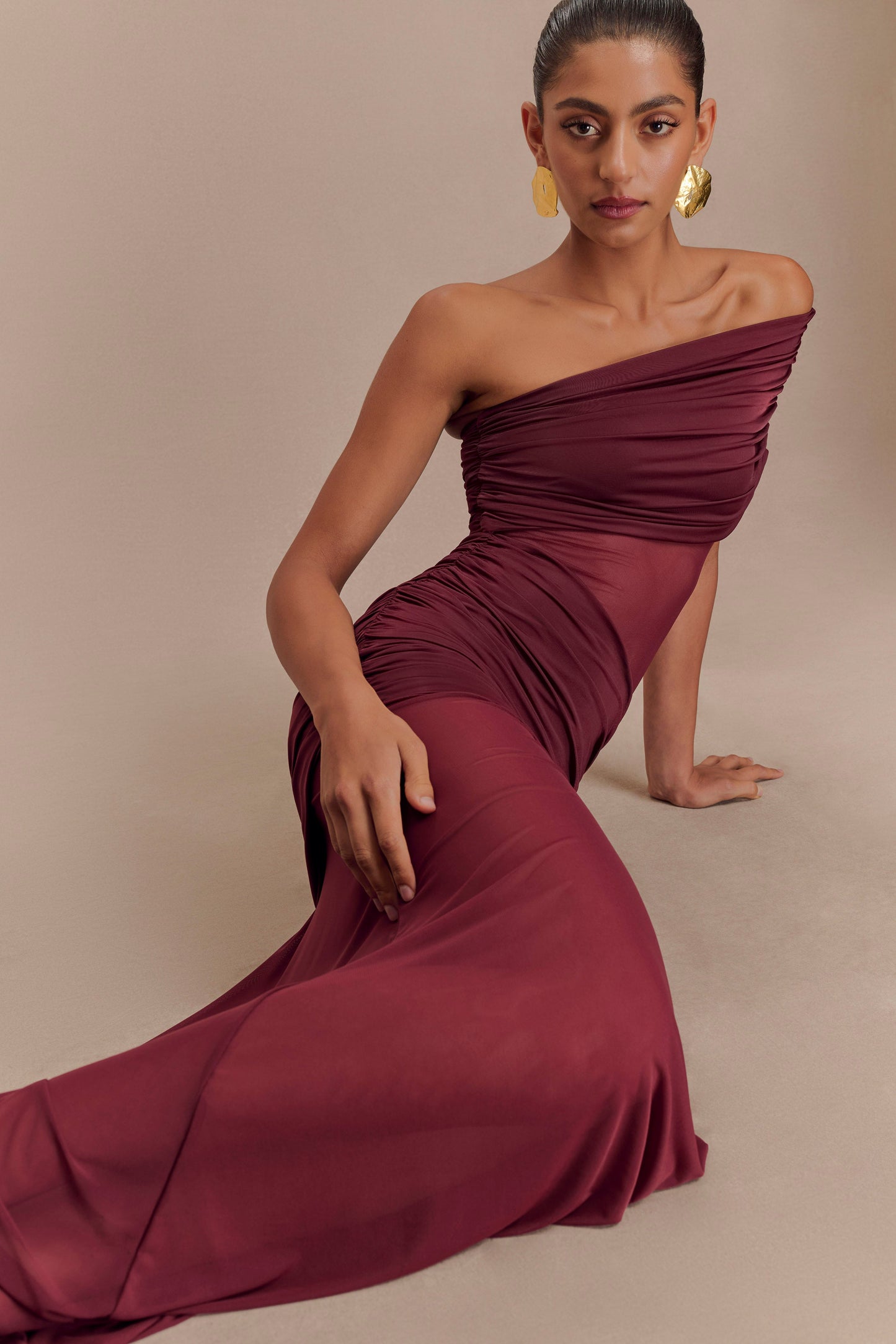 Robe Maxi en Maille à Épaule Découverte Dallas - Bourgogne