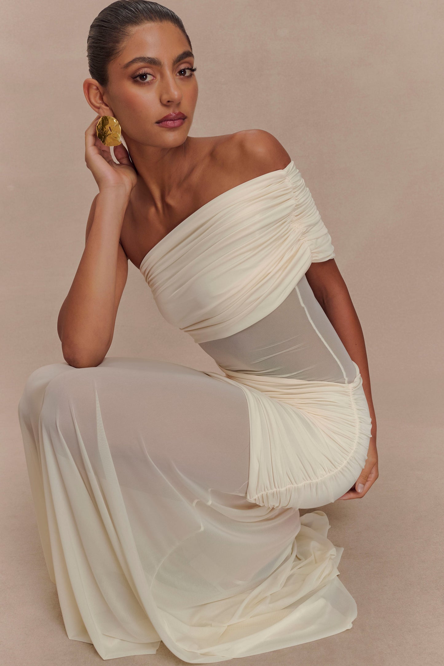 Robe maxi en maille à une épaule Dallas - Ivoire