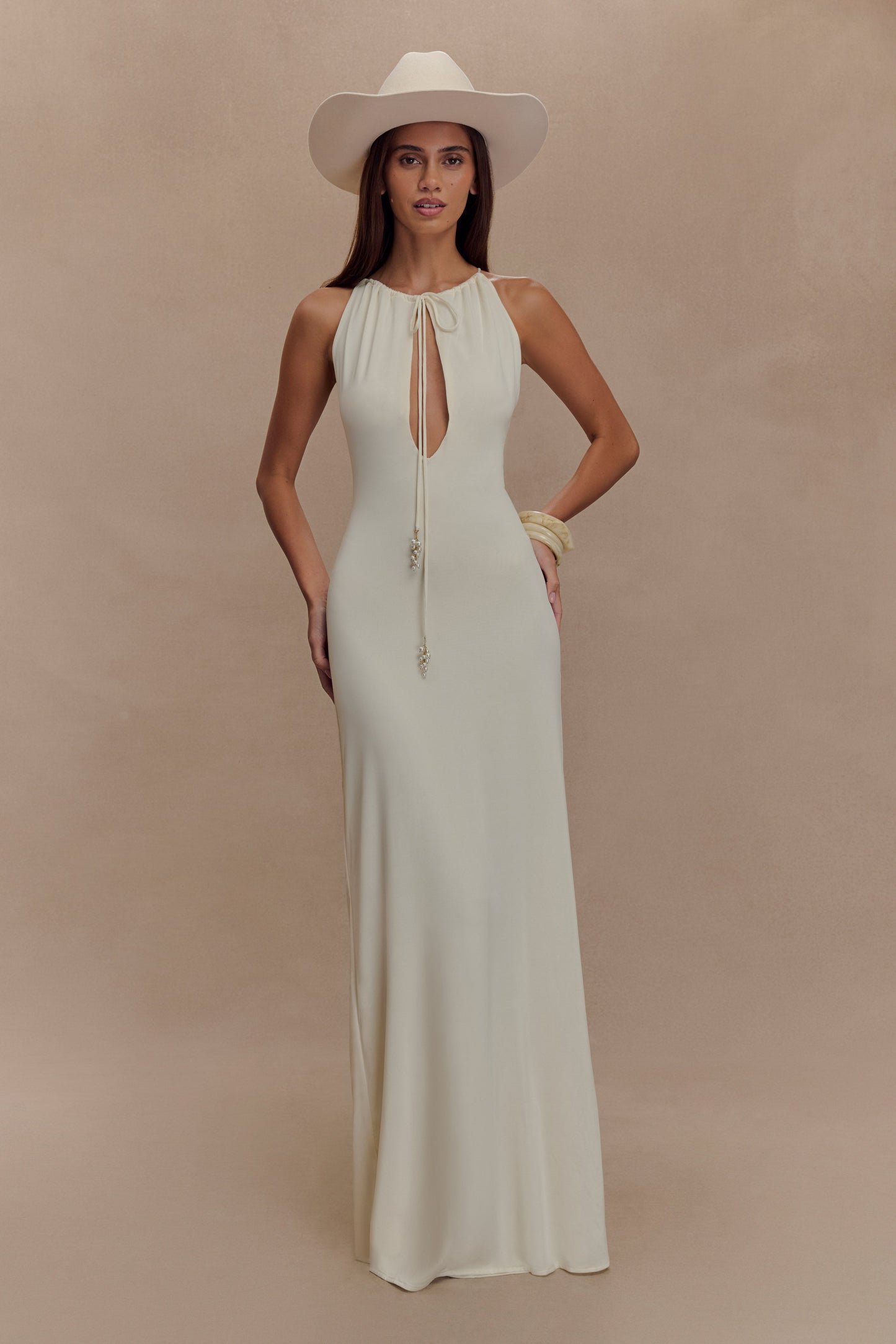 Robe Maxi Beryl Étroite avec Perles - Ivoire