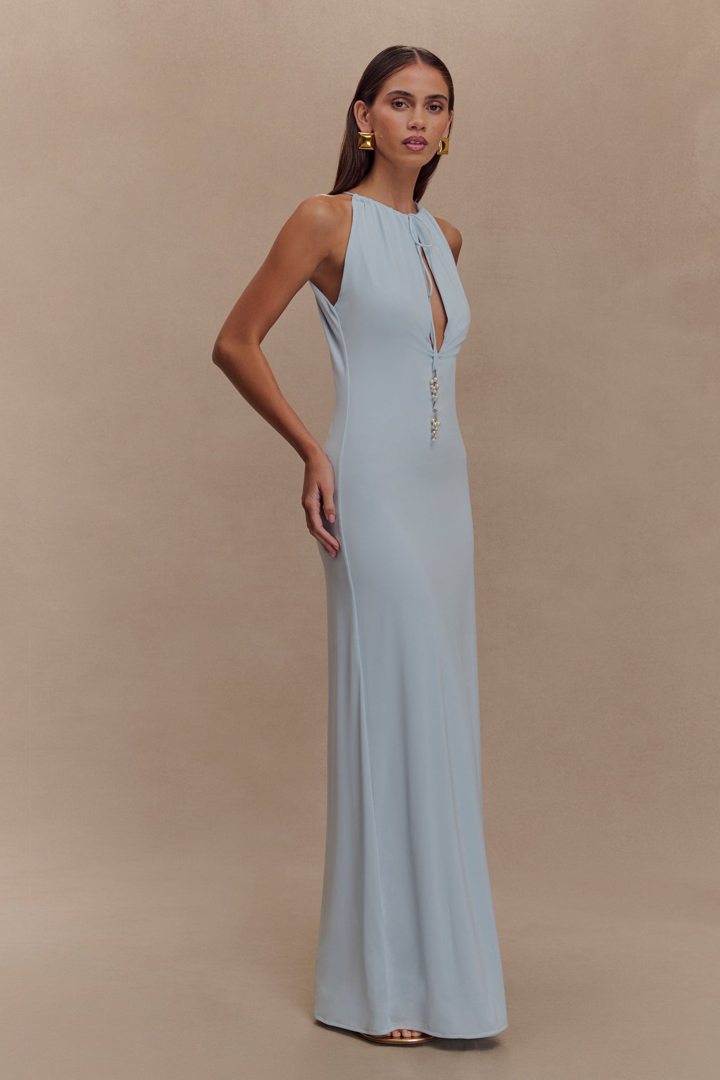 Robe Maxi Beryl Étroite et Élastique avec Perles - Bleu Clair