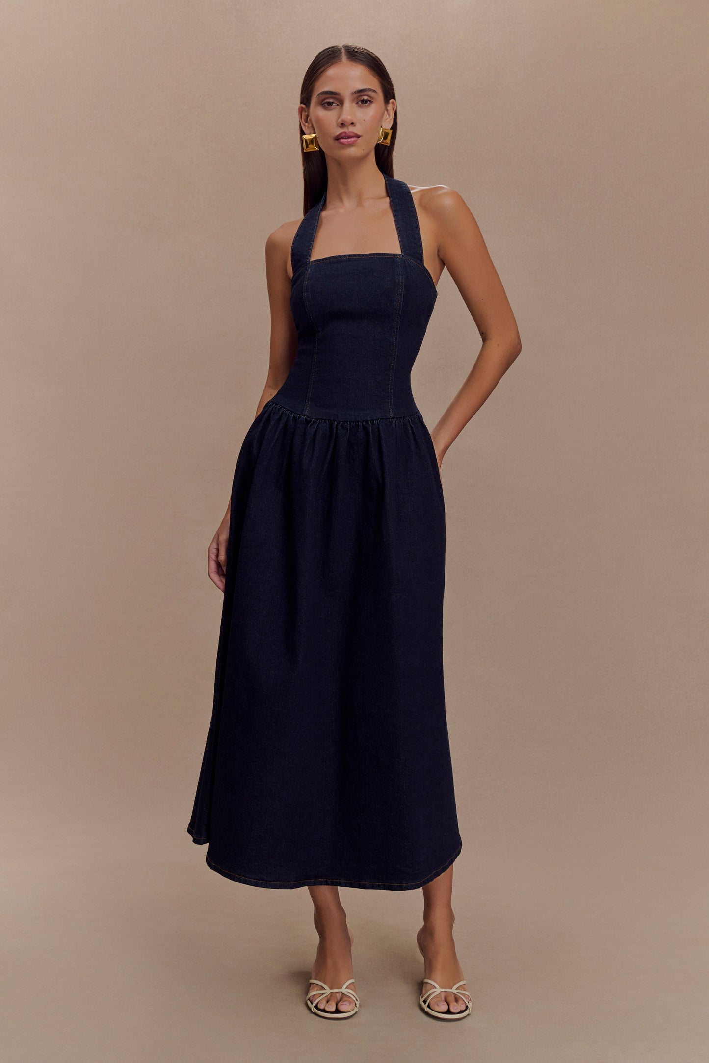 Caroline Robe Midi en Jean à Décolleté Halter - Bleu Indigo