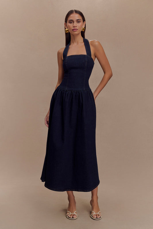 Caroline Robe Midi en Jean à Décolleté Halter - Bleu Indigo