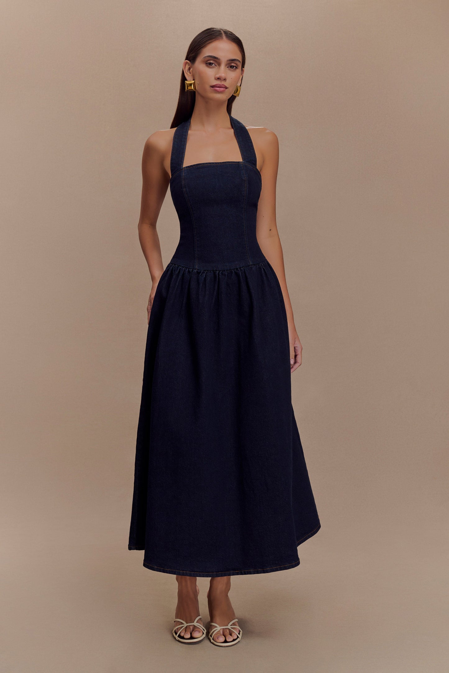 Caroline Robe Midi en Jean à Décolleté Halter - Bleu Indigo