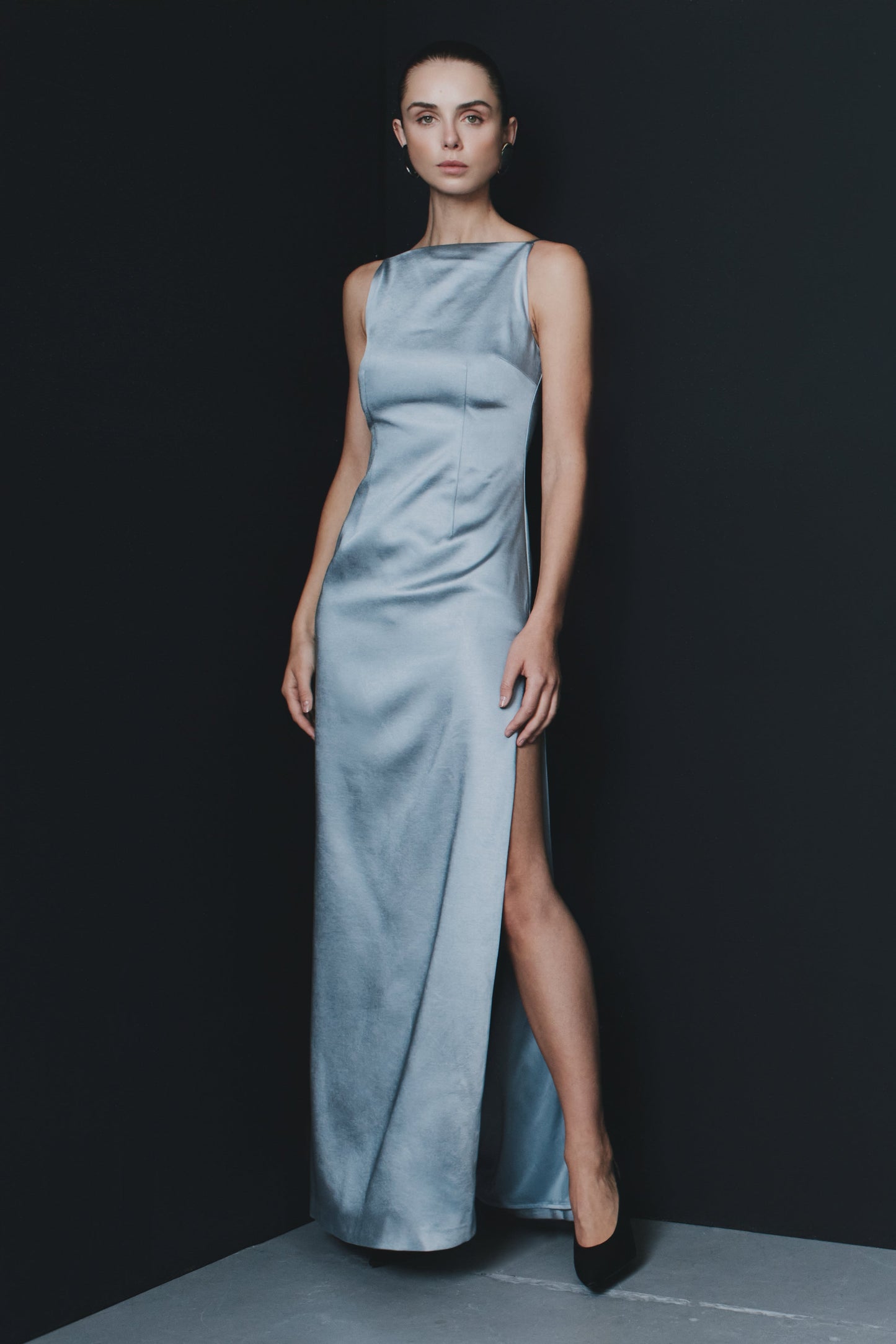 Robe Maxi en Satin Violet Sans Manches - Bleu Glacé