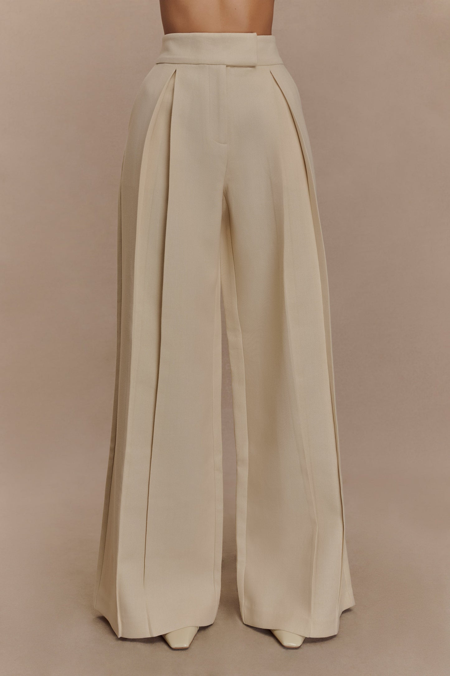 Pantalon en lin à jambes larges et taille mi-hauteur Raya - Beige naturel