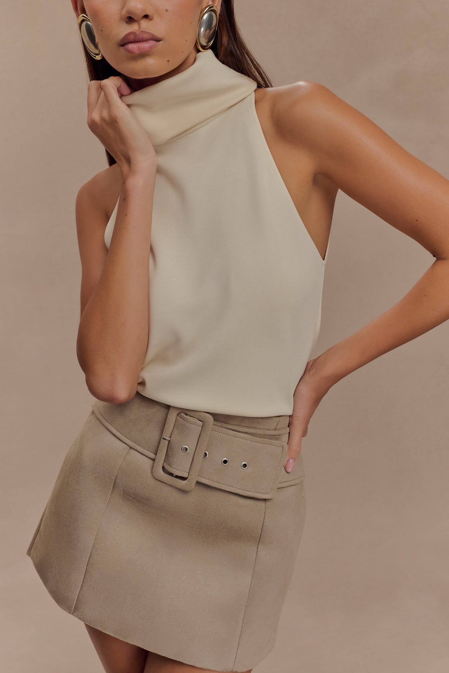 Jupe mini en similicuir avec ceinture - Hayes - Sable