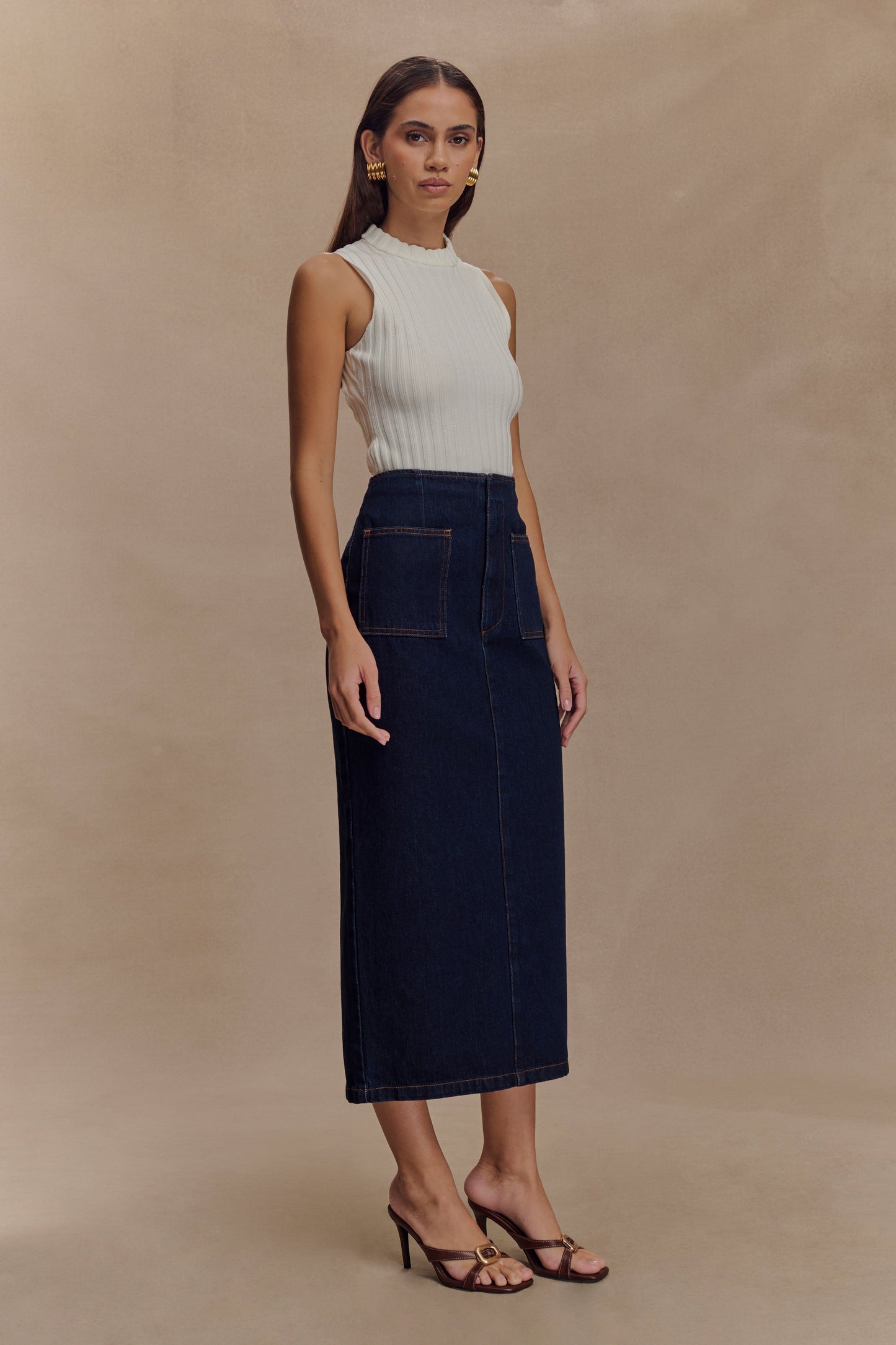 Jupe mi-longue en jean Fallon - Bleu indigo