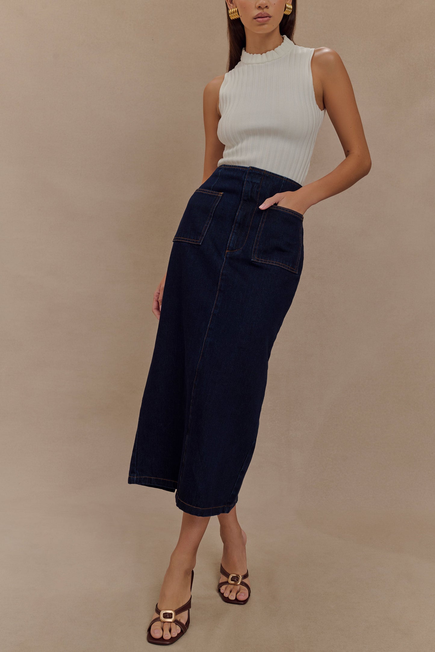 Jupe mi-longue en jean Fallon - Bleu indigo