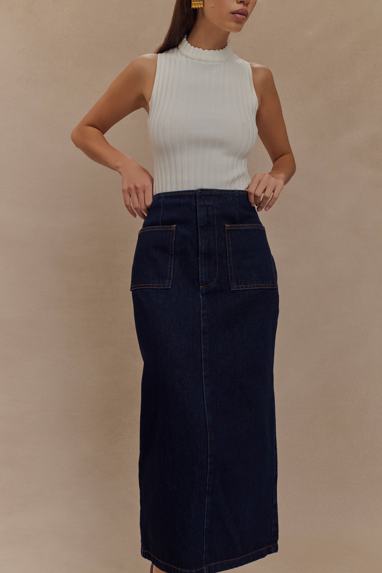 Jupe mi-longue en jean Fallon - Bleu indigo