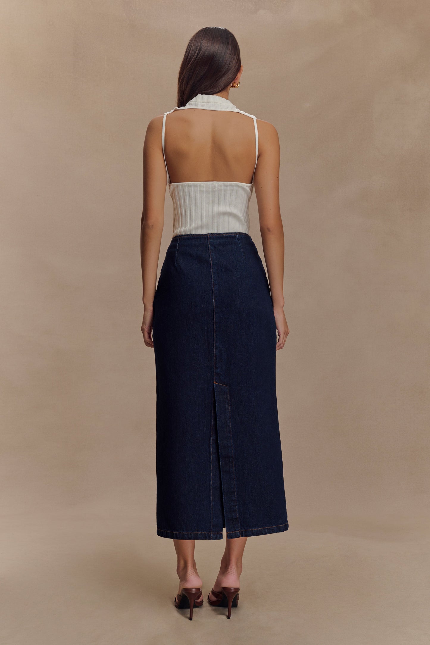 Jupe mi-longue en jean Fallon - Bleu indigo