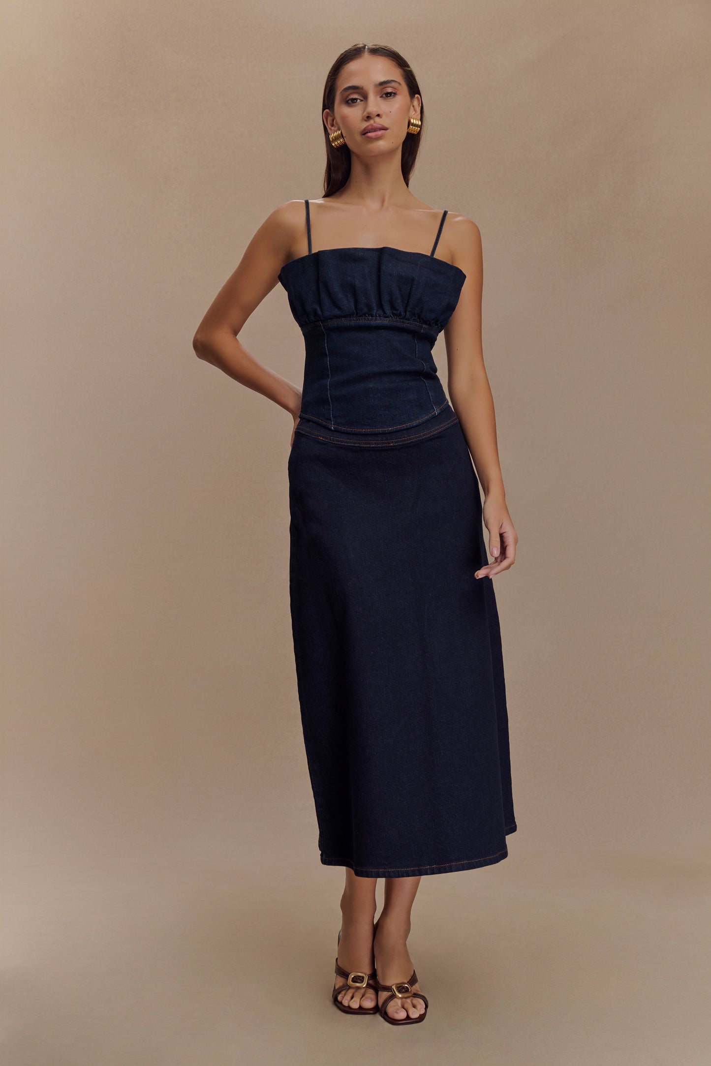 Jupe mi-longue trapèze en jean Cecilia - Bleu indigo
