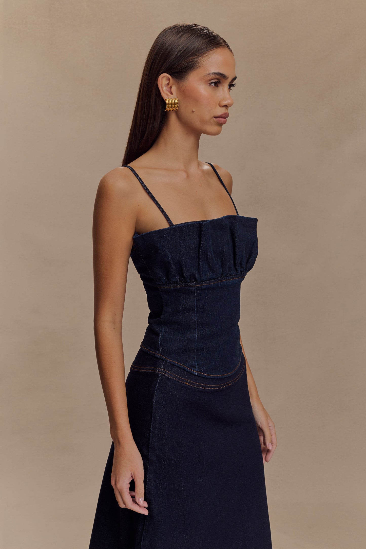 Corset en jean à volants Cecilia - Bleu indigo