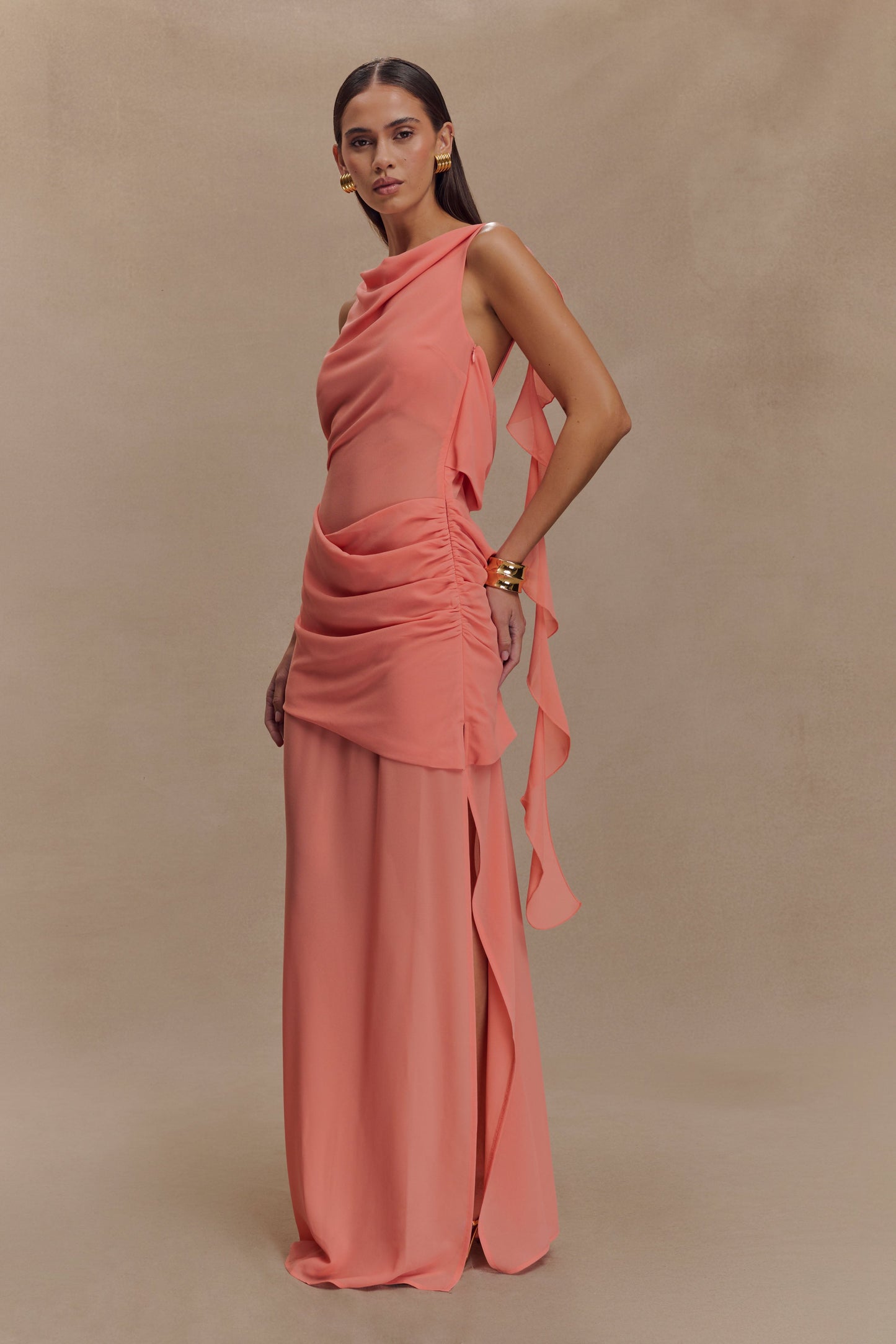 Robe Maxi en Chiffon à Drapé Daria - Nectarine Pâle