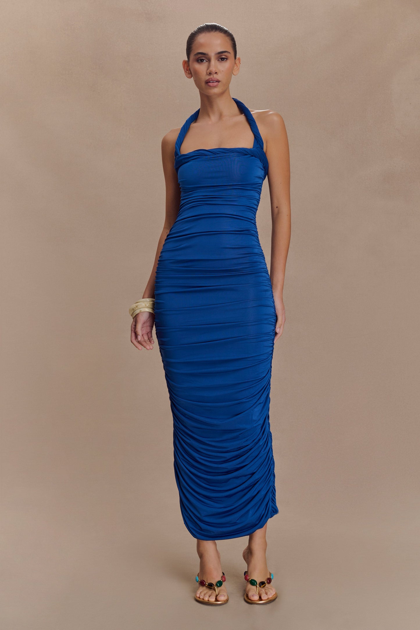 Robe midi à col montant et plis Camila - Cobalt
