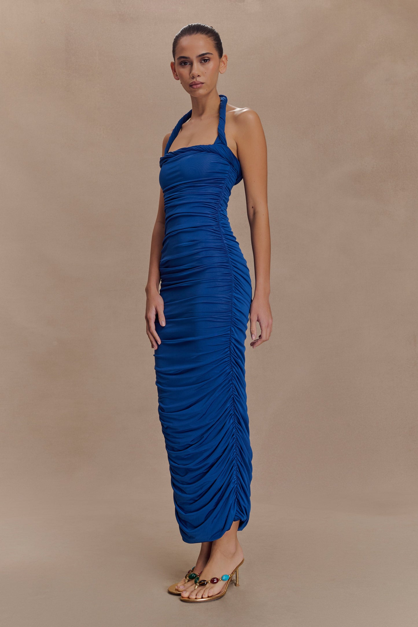 Robe midi à col montant et plis Camila - Cobalt